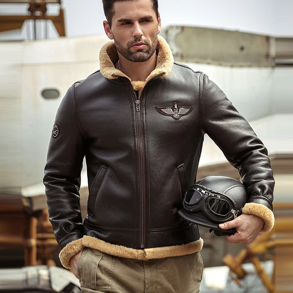 Men’s Brown RAF Aviator Airforce Sheepskin Shearling Leather Jacket