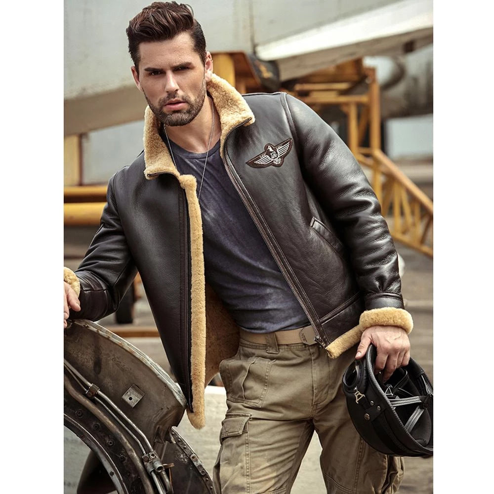 Men’s Brown RAF Aviator Airforce Sheepskin Shearling Leather Jacket
