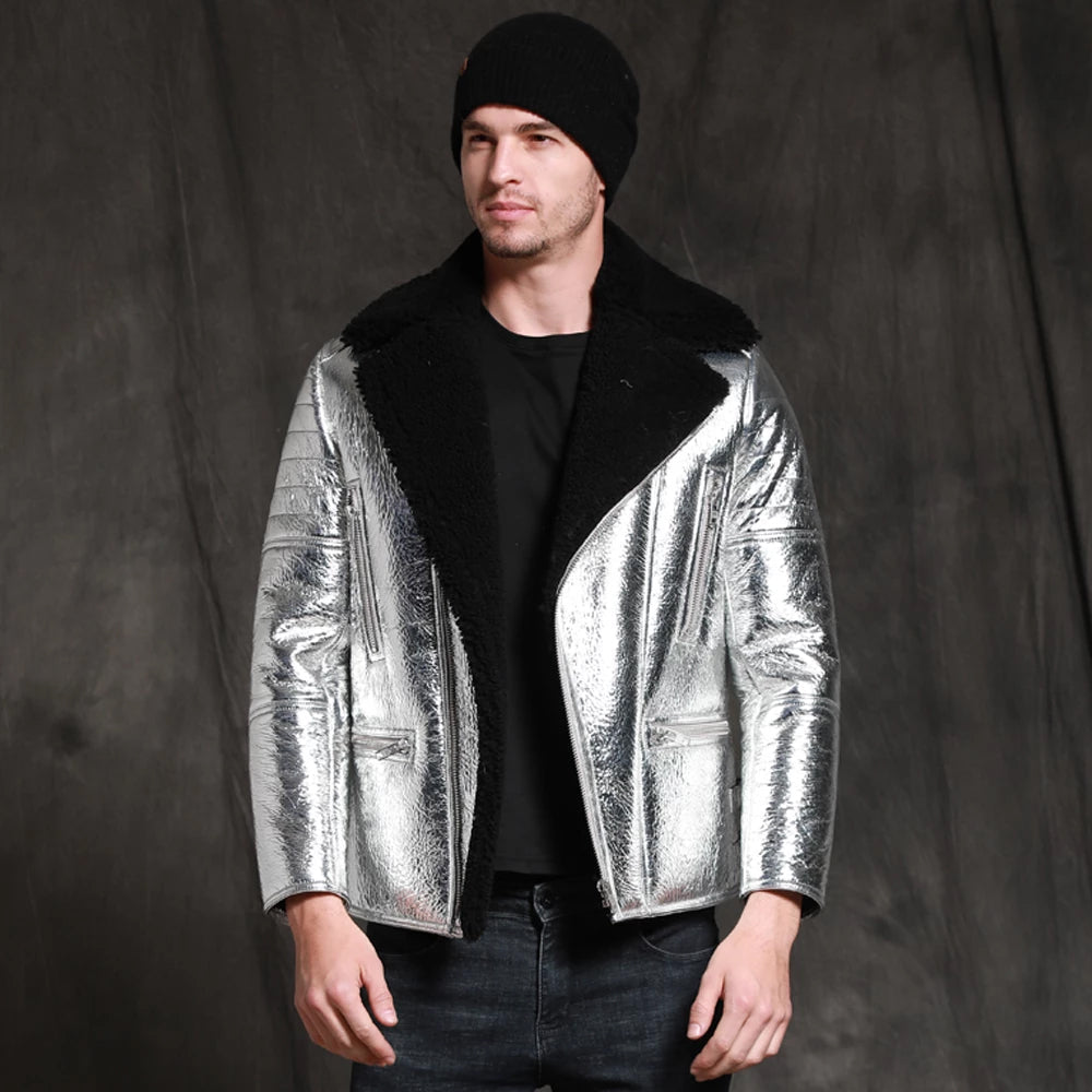 Men’s Aircraft Pilot Shiny Sheepskin Shearling Silver Leather Jacket