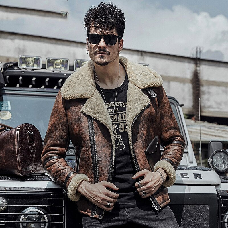Men’s B3 RAF Waxed Brown Flying Aviator Leather Shearling Jacket Coat