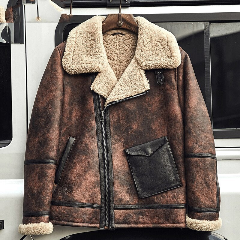 Men’s B3 RAF Waxed Brown Flying Aviator Leather Shearling Jacket Coat