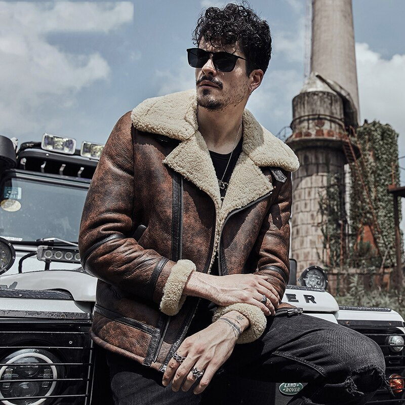 Men’s B3 RAF Waxed Brown Flying Aviator Leather Shearling Jacket Coat