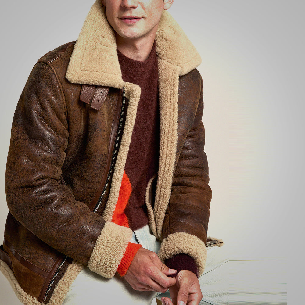 Men’s Brown Distressed Leather Shearling Jacket