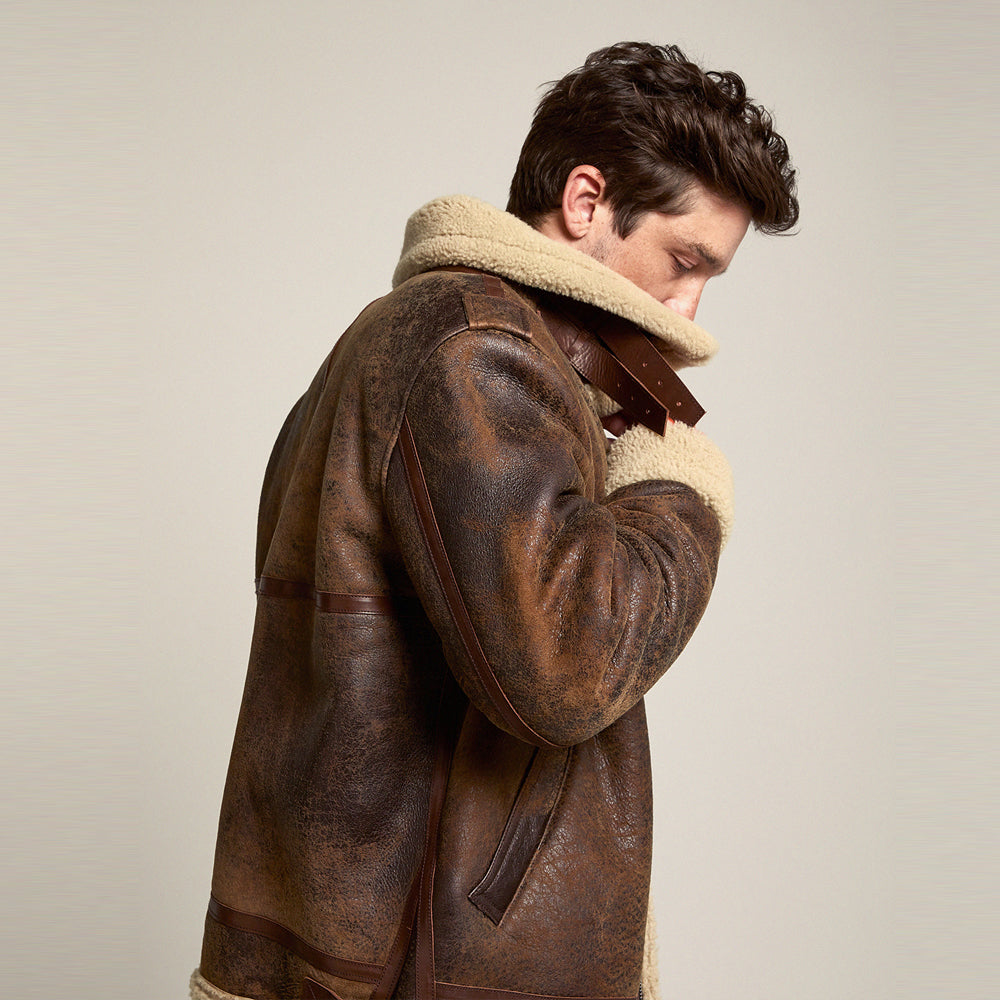 Men’s Brown Distressed Leather Shearling Jacket