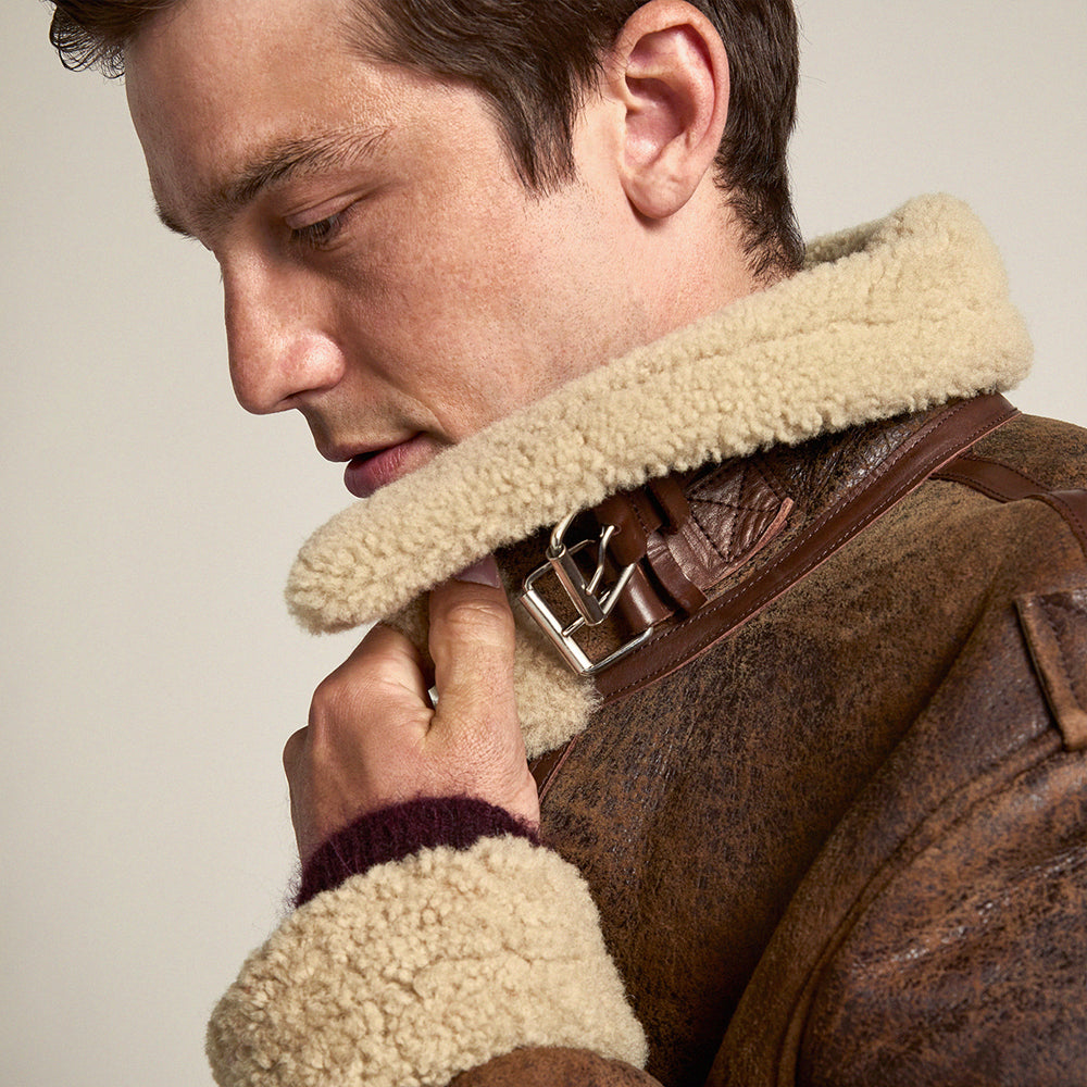 Men’s Brown Distressed Leather Shearling Jacket