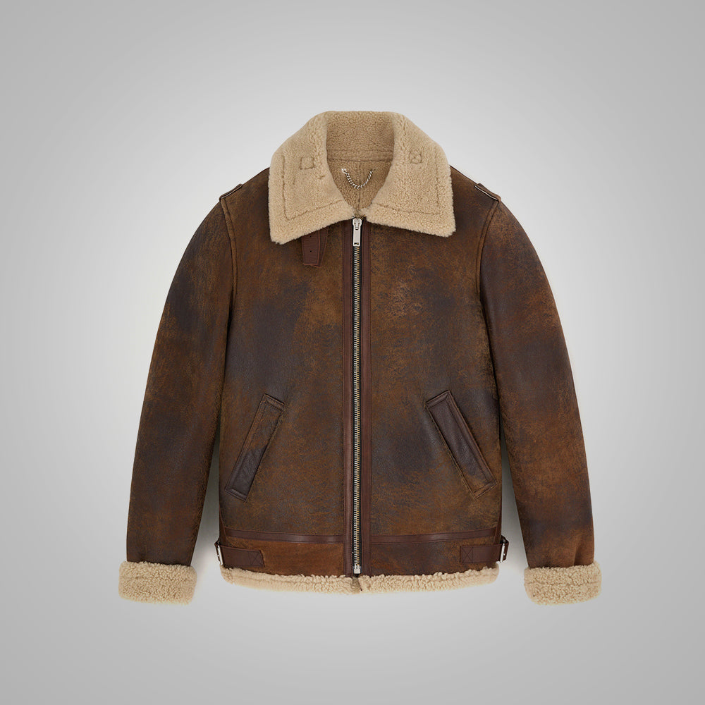 Men’s Brown Distressed Leather Shearling Jacket