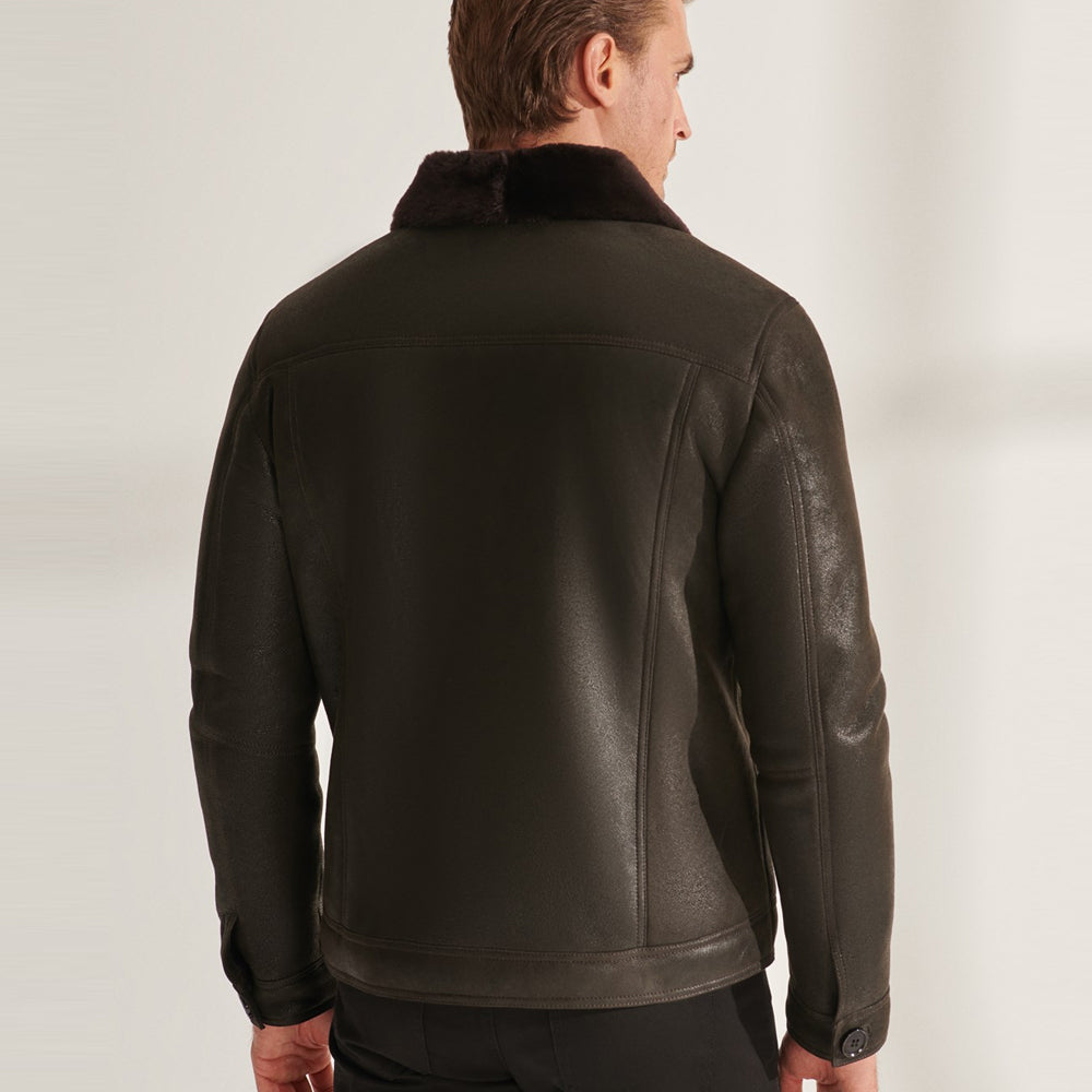 Men’s Brown Sheepskin Shearling Leather Trucker Aviator Jacket