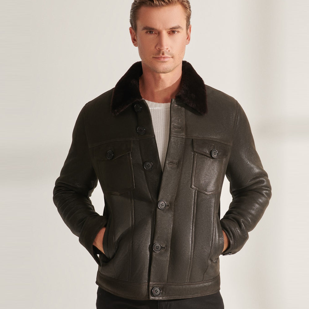 Men’s Brown Sheepskin Shearling Leather Trucker Aviator Jacket