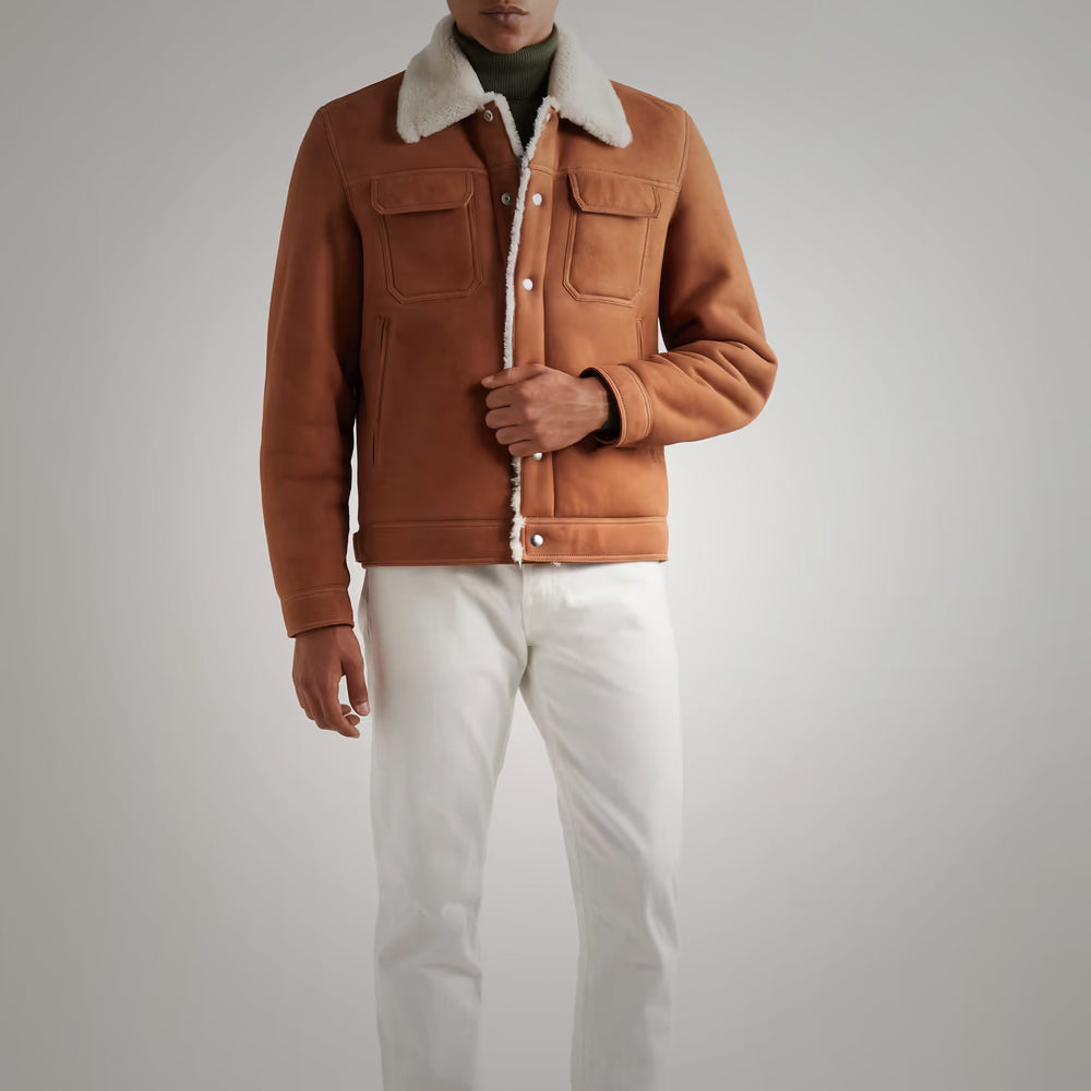 Men’s Brown Suede Leather Shearling Trucker Jacket