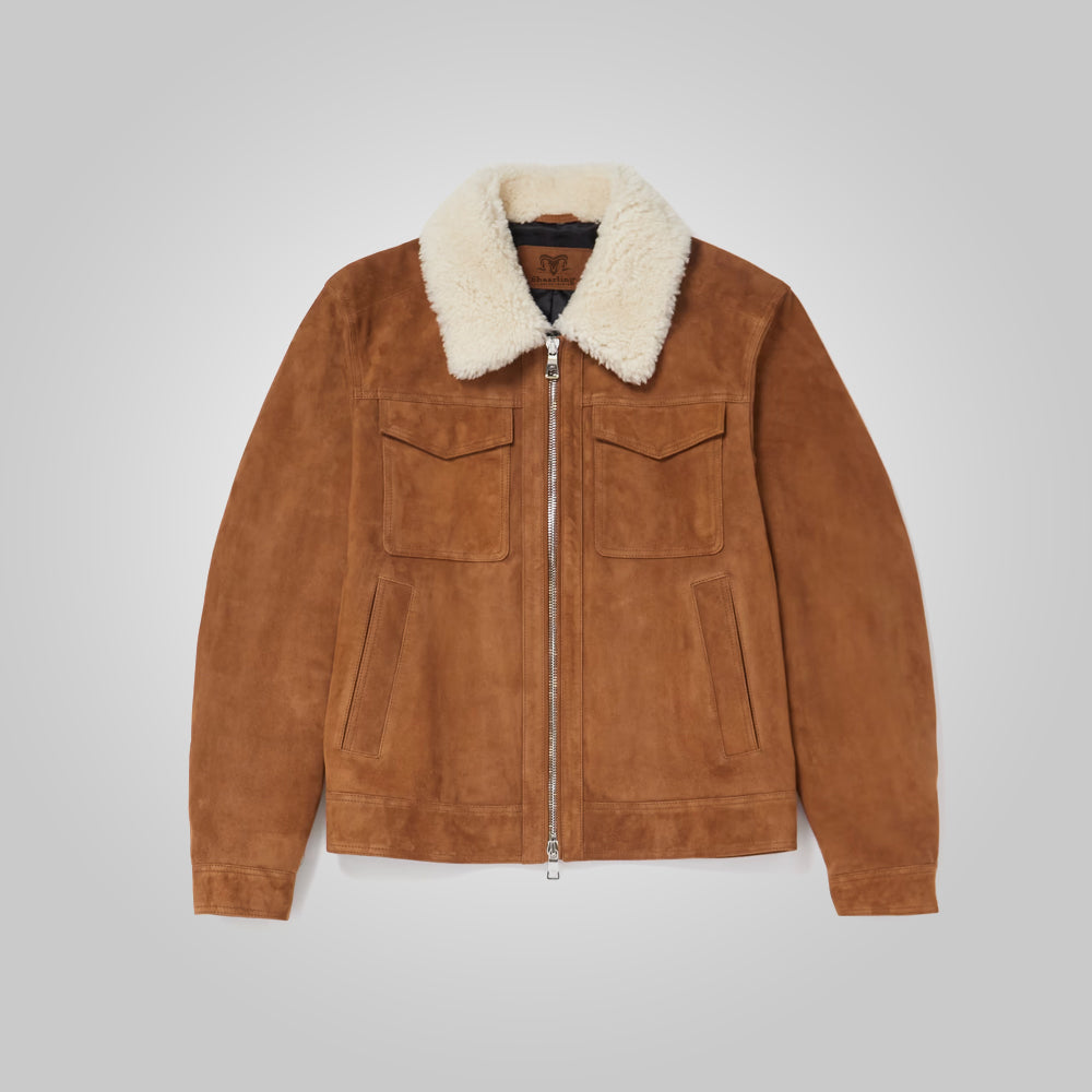 Men’s Fur Collar Brown Suede Leather Trucker Jacket
