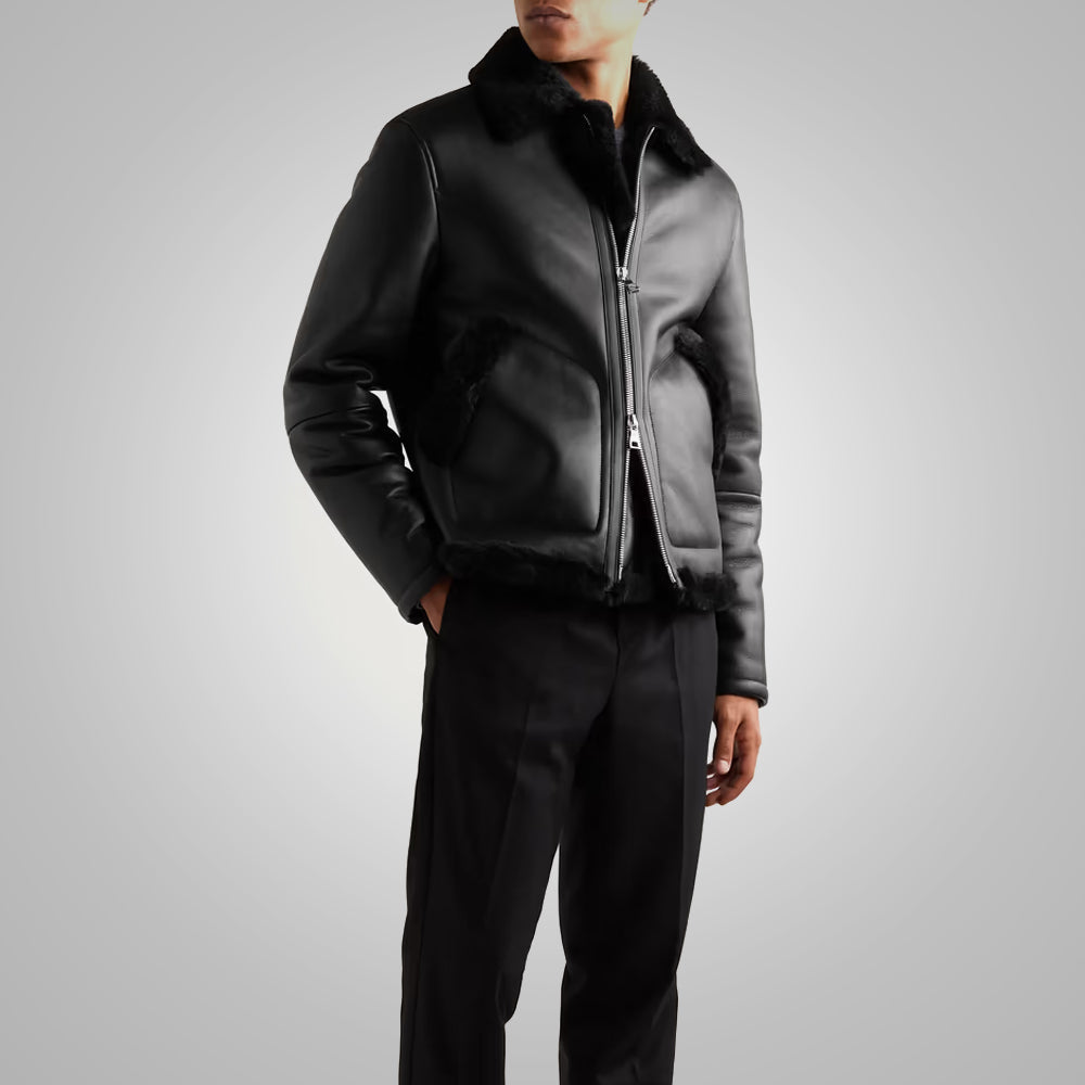 Men's Shearling Lined Leather Black Trucker Jacket
