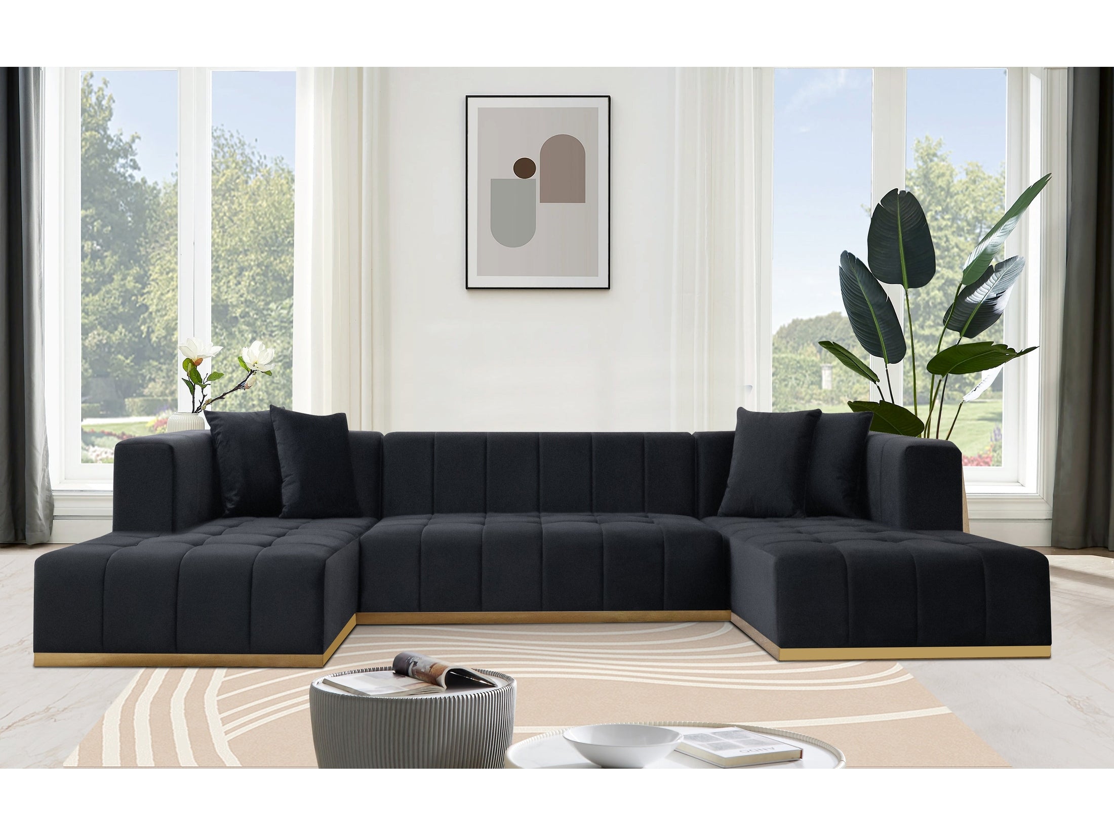 Montecito Black Velvet Double Chaise "U" Shape Sectional Sofa