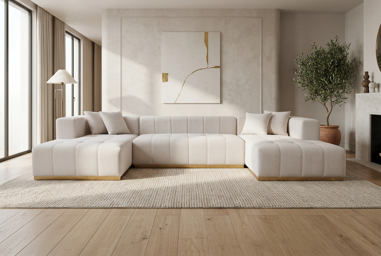 Montecito Ivory Velvet Double Chaise "U" Shape Sectional Sofa