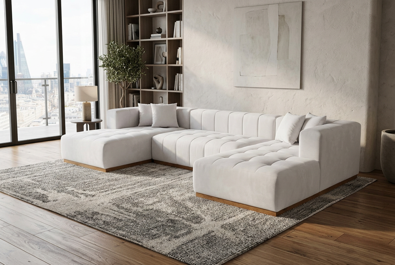 Montecito Ivory Velvet Double Chaise "U" Shape Sectional Sofa