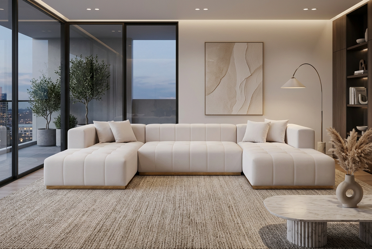 Montecito Ivory Velvet Double Chaise "U" Shape Sectional Sofa