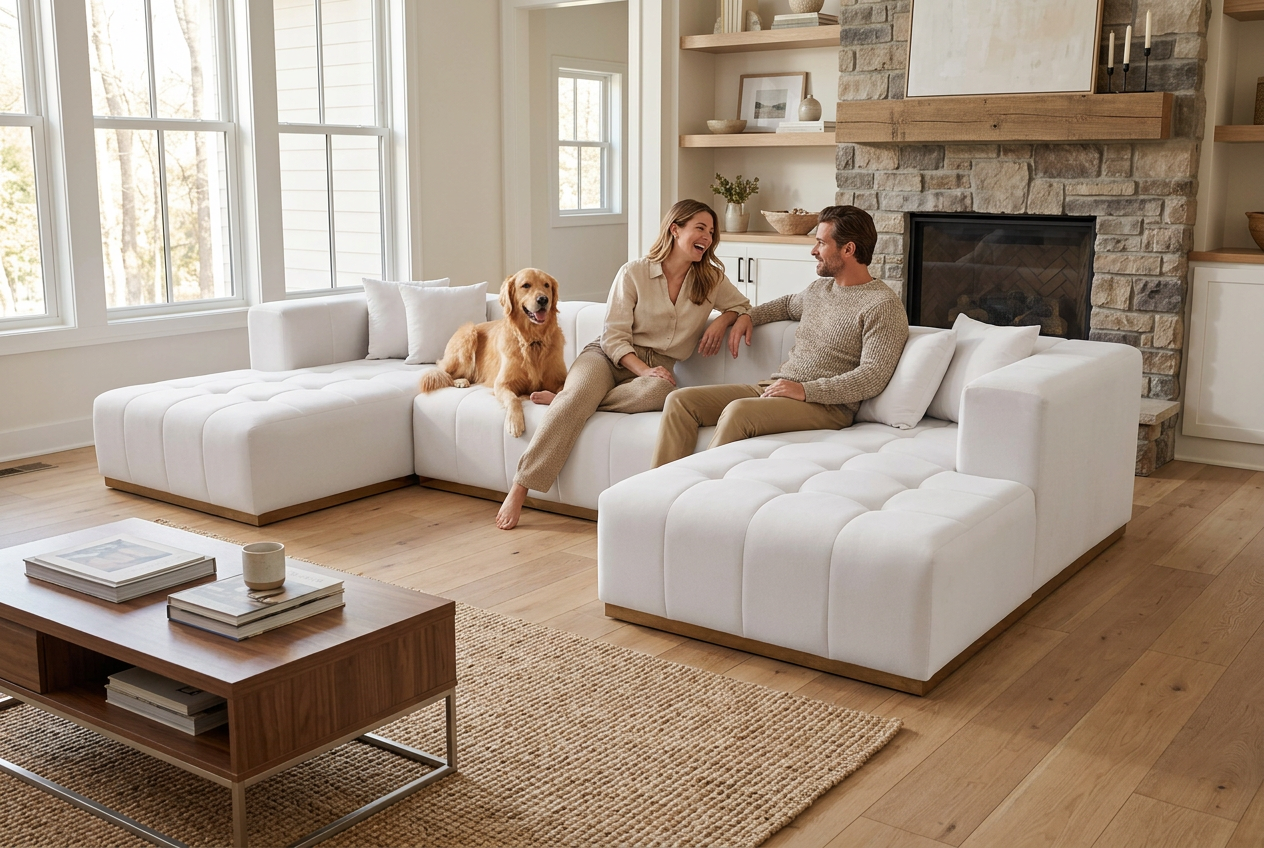 Montecito Ivory Velvet Double Chaise "U" Shape Sectional Sofa