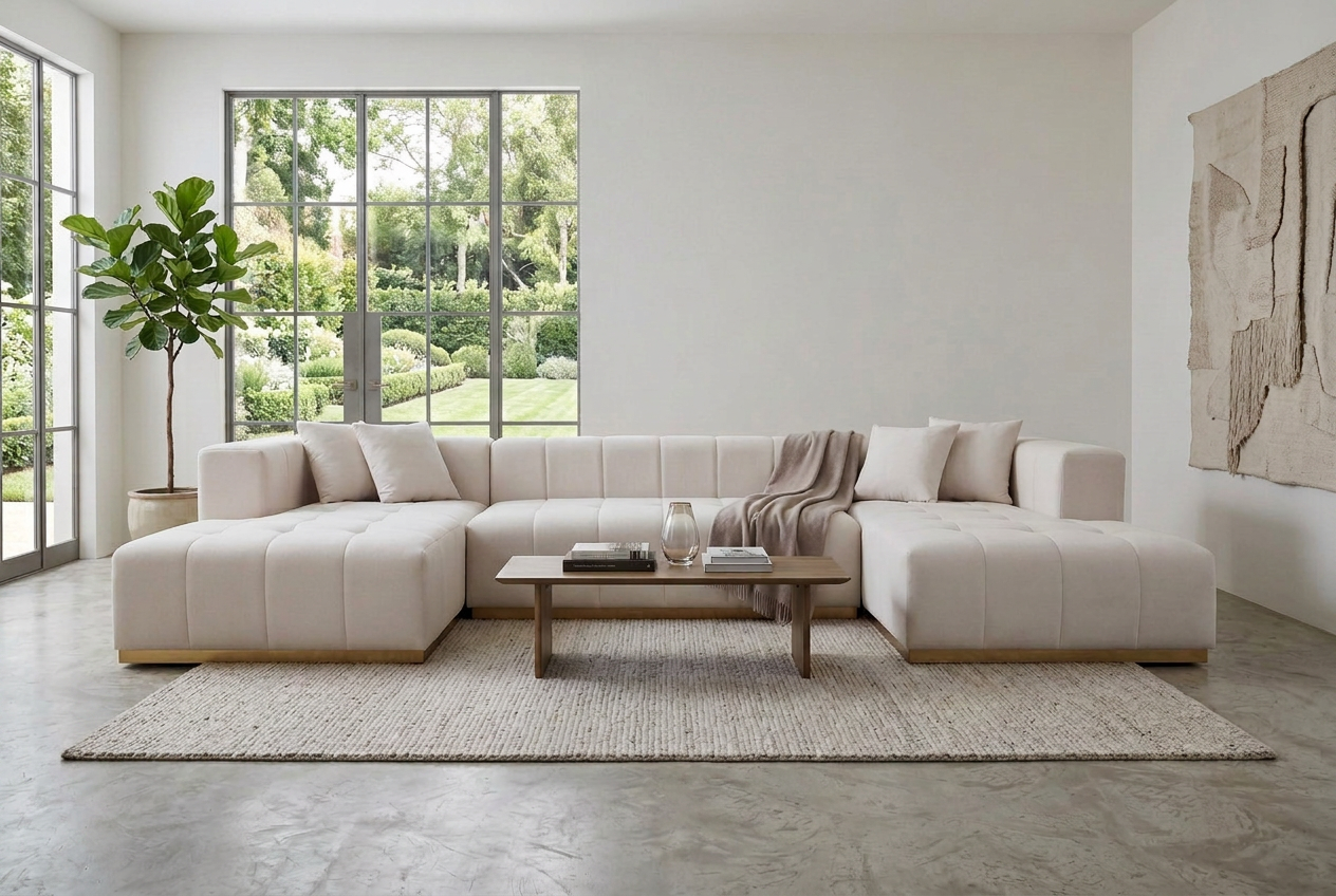 Montecito Ivory Velvet Double Chaise "U" Shape Sectional Sofa