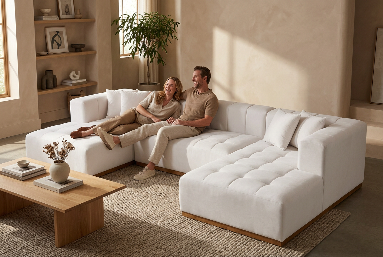 Montecito Ivory Velvet Double Chaise "U" Shape Sectional Sofa