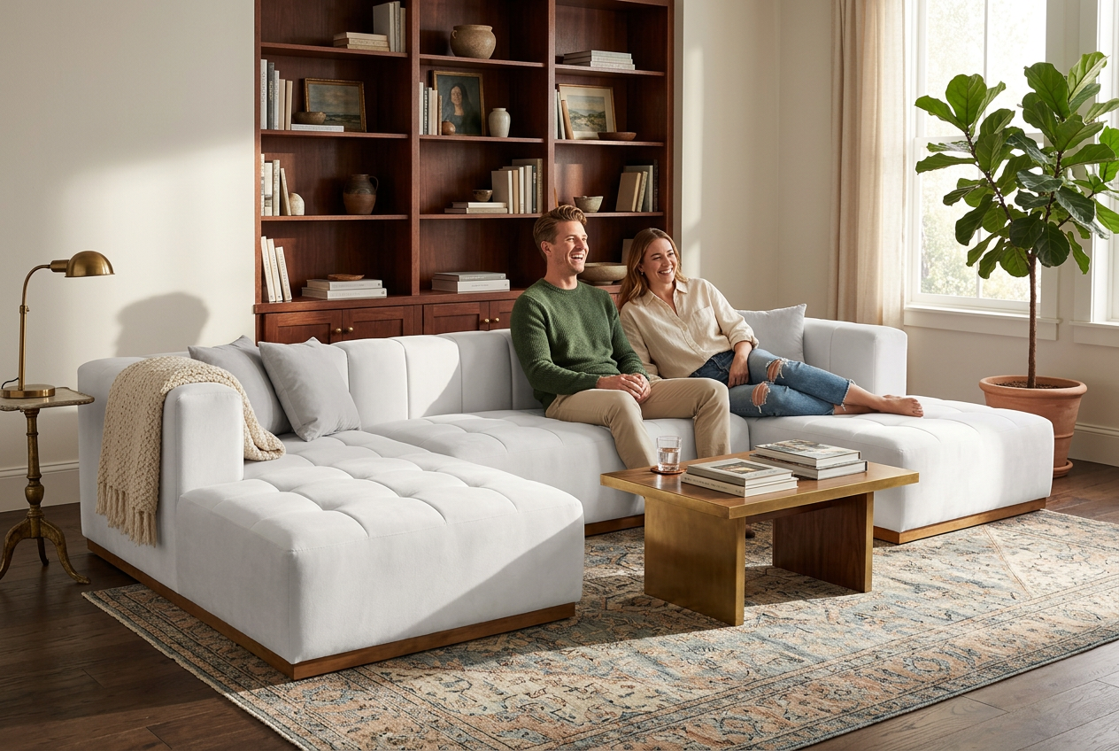 Montecito Ivory Velvet Double Chaise "U" Shape Sectional Sofa