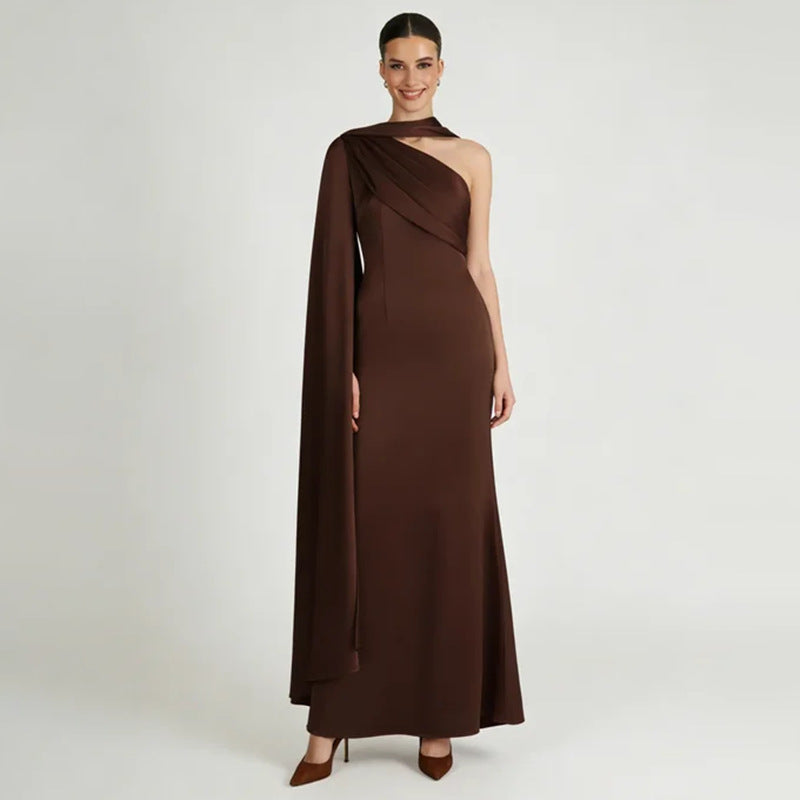 Gorgeous High End Dress Summer Asymmetric One Shoulder Pleated Waist Tight Solid Color Maxi Dress