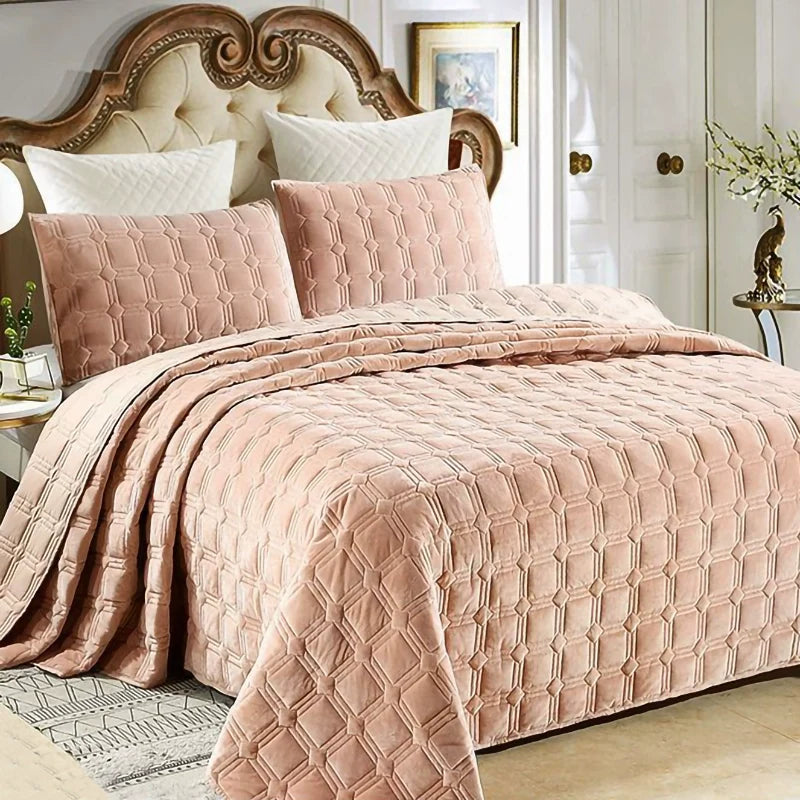 Export High-Grade Flannel Three-Piece Bed Cover Set Milk Fiber European Quilted Quilted Bed Sheet One Side Velvet One Side Pure Cotton