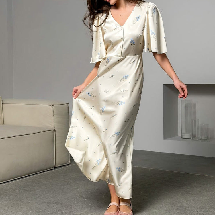 French V neck Floral Women Advanced Satin Short Sleeve High Waist Elegant Maxi Dress