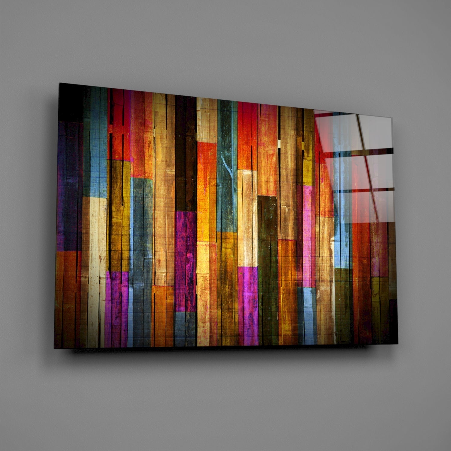 Vibrant Multicolor Wood Plank Stripes Glass Wall Art