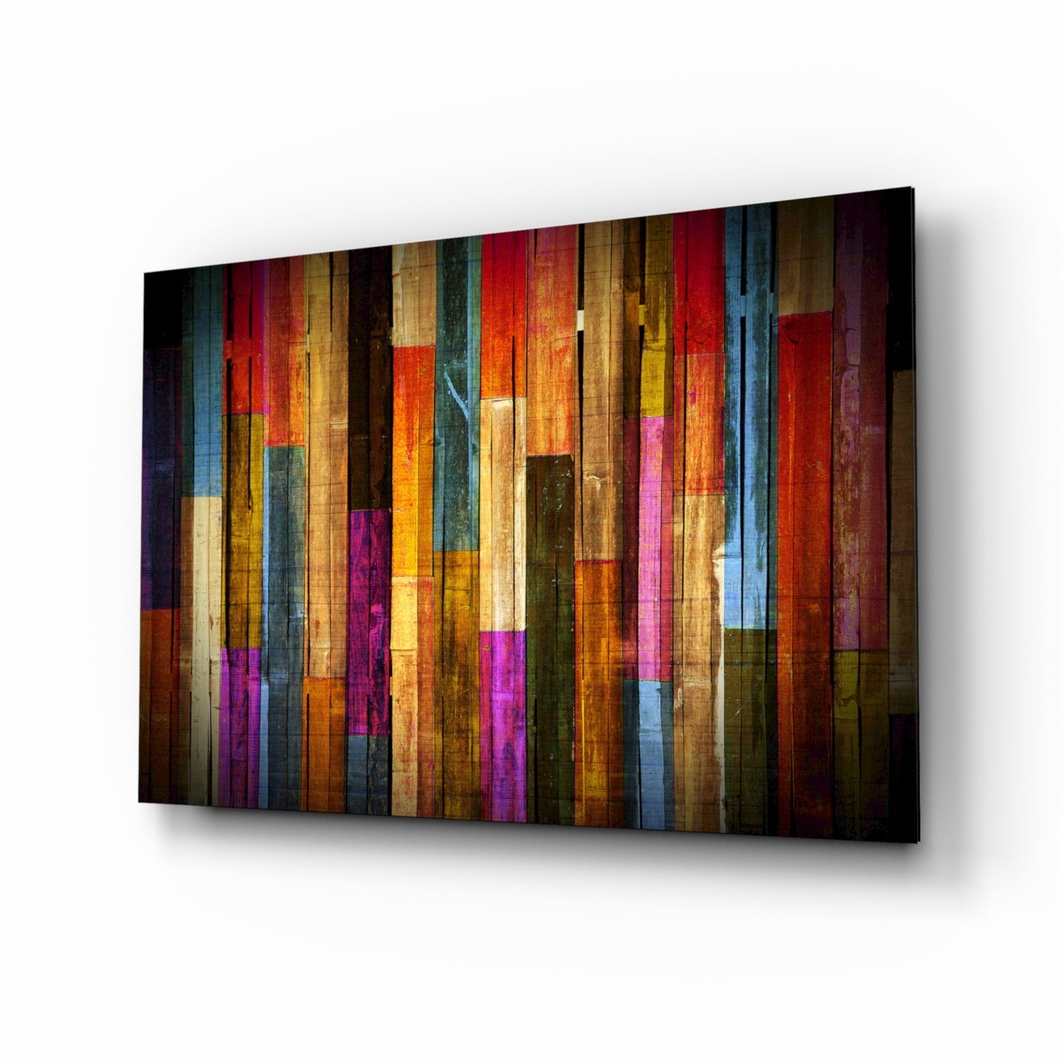Vibrant Multicolor Wood Plank Stripes Glass Wall Art