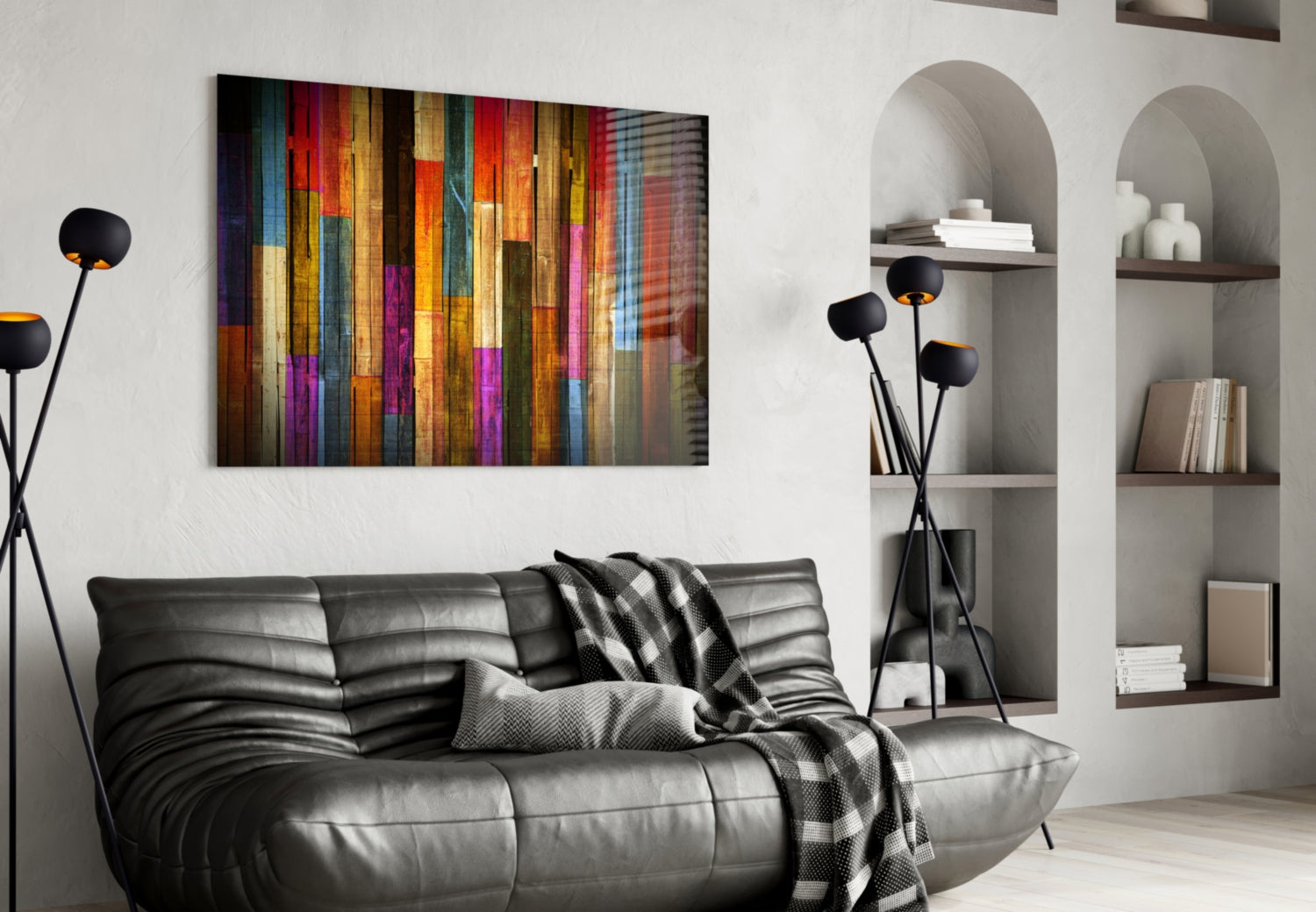 Vibrant Multicolor Wood Plank Stripes Glass Wall Art