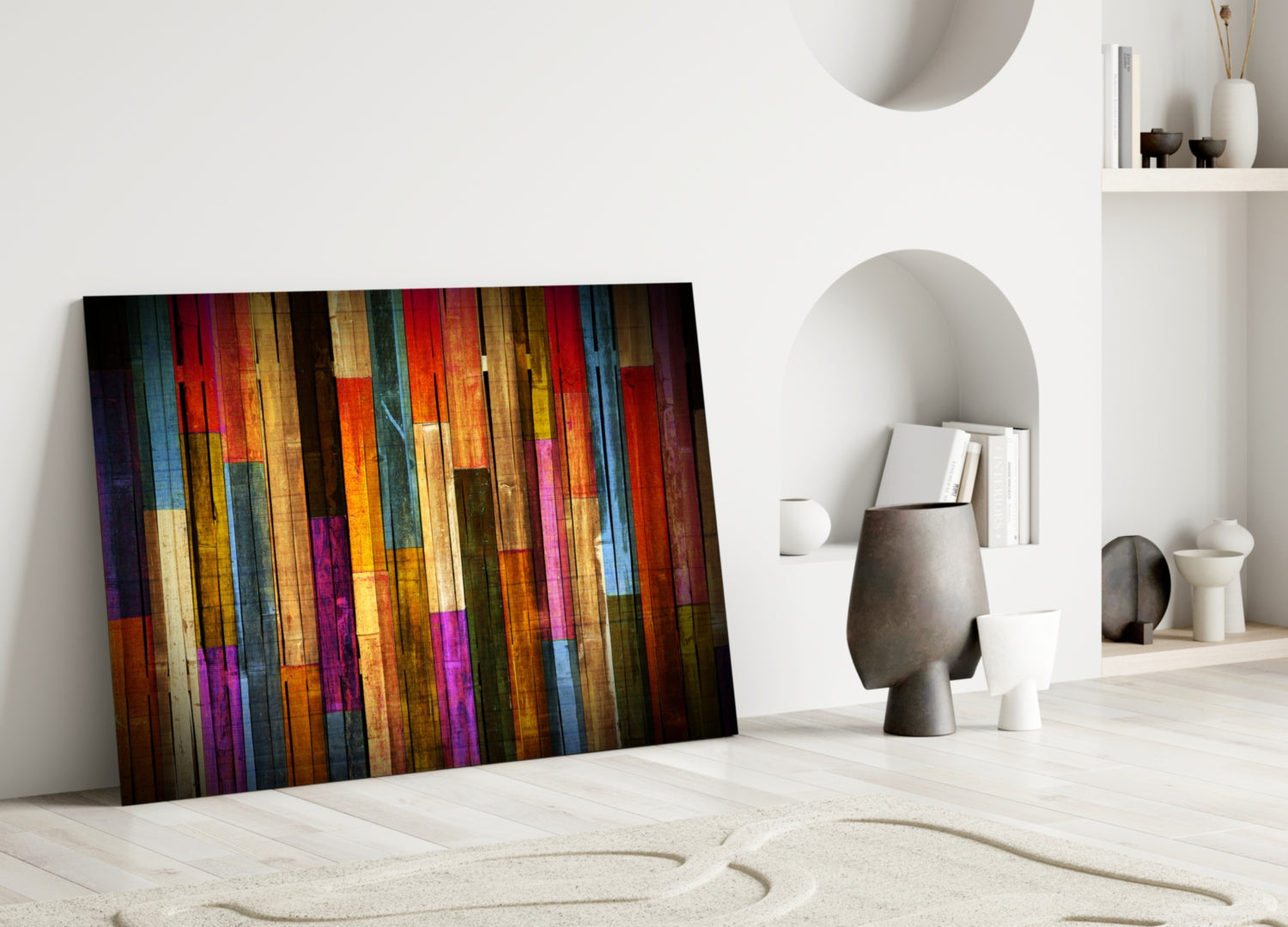 Vibrant Multicolor Wood Plank Stripes Glass Wall Art