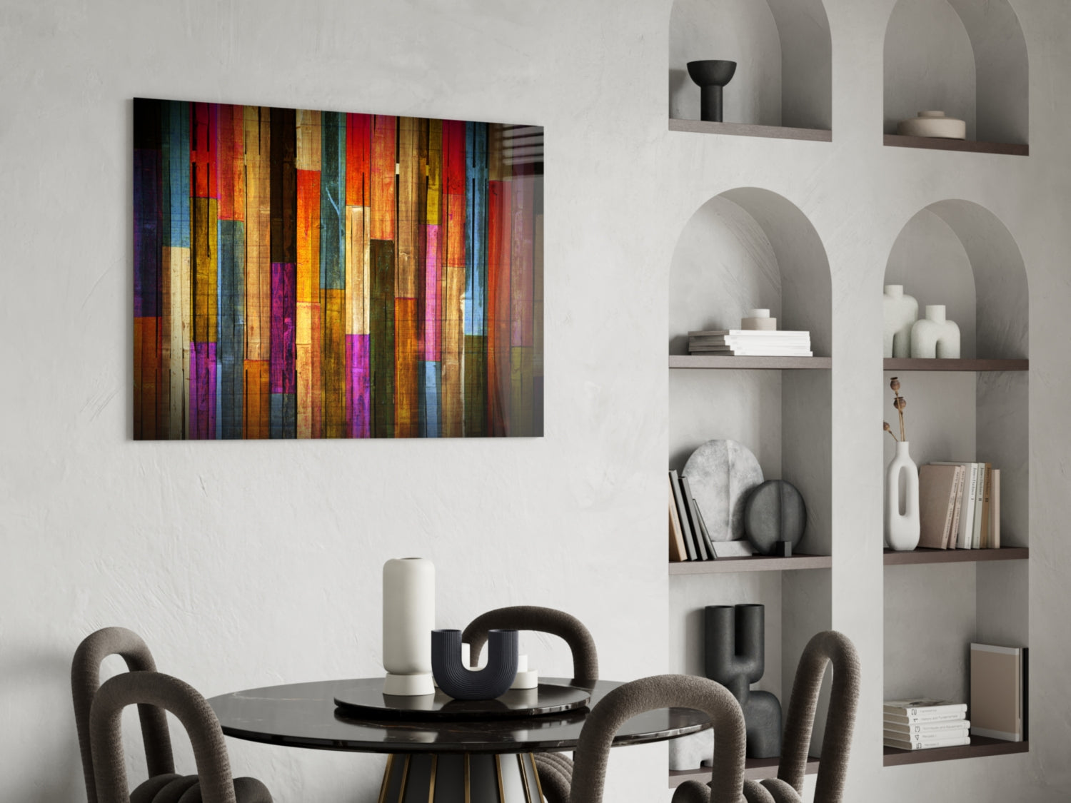 Vibrant Multicolor Wood Plank Stripes Glass Wall Art