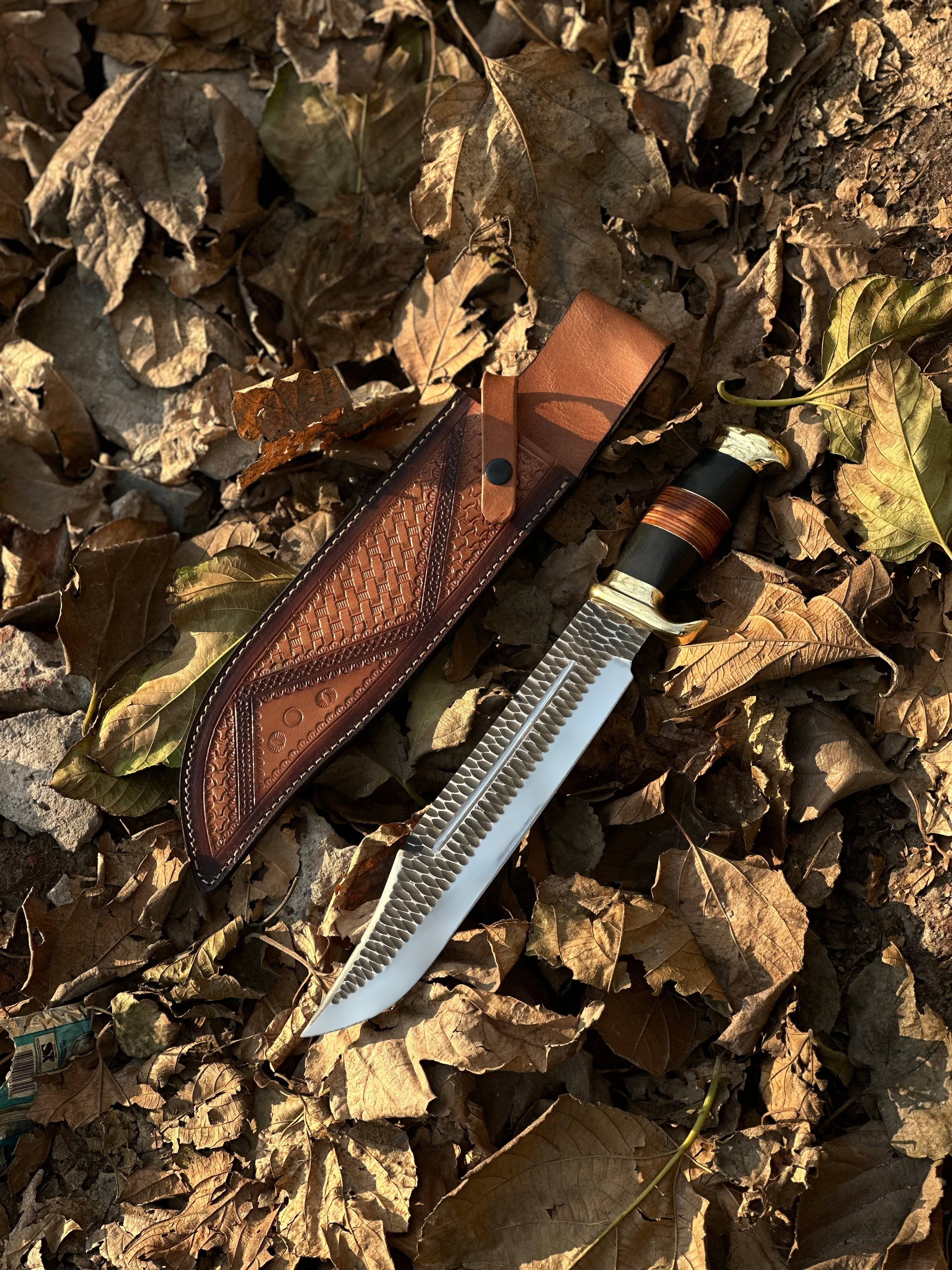 Handmade J2 Steel Bowie Crocodile Dundee Knife with Brass Guard, Leather & Buffalo Horn Handle – 16" | Includes Leather Sheath