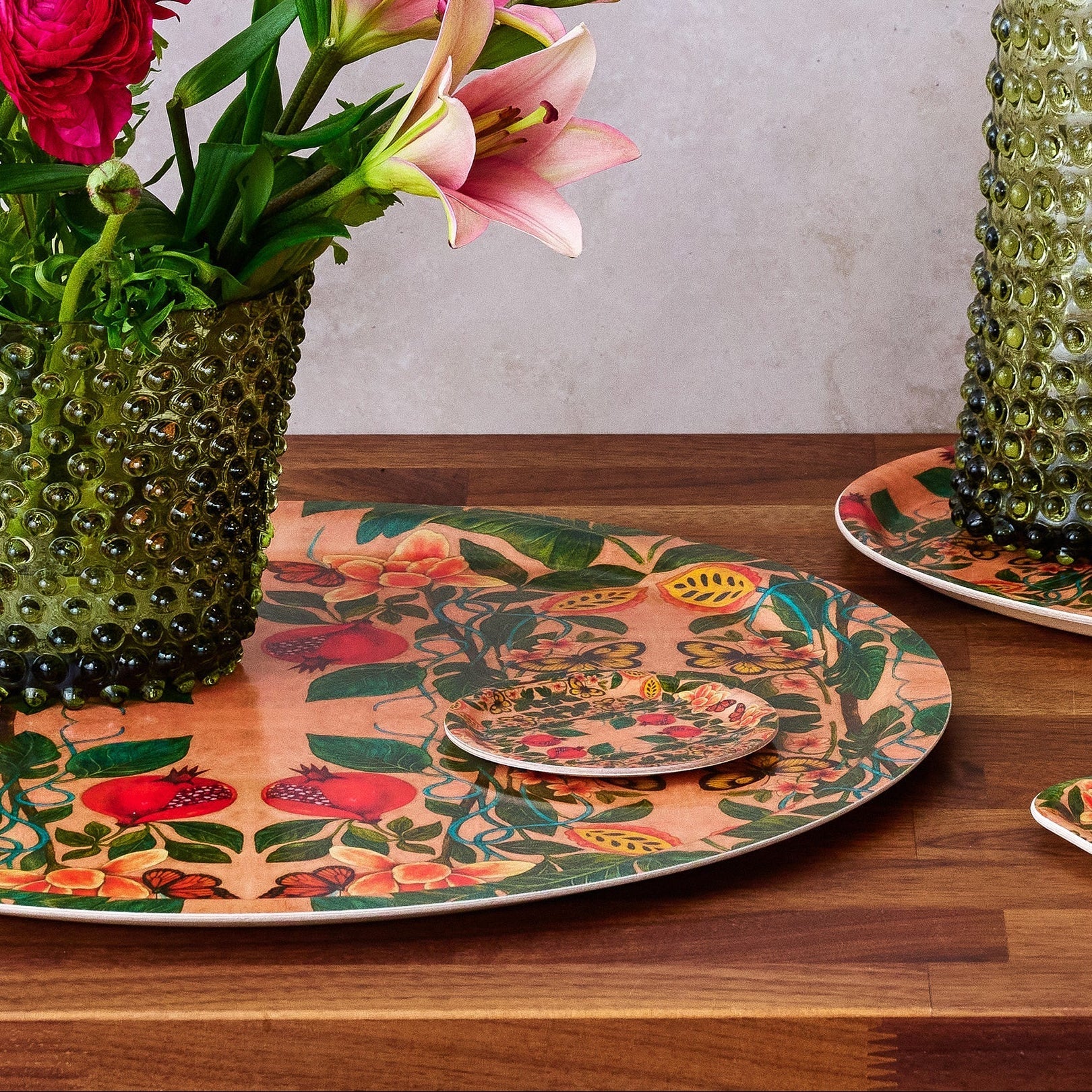 Pomegranate Migration Decorative Birchwood Tray - Mini Round - Set of 2