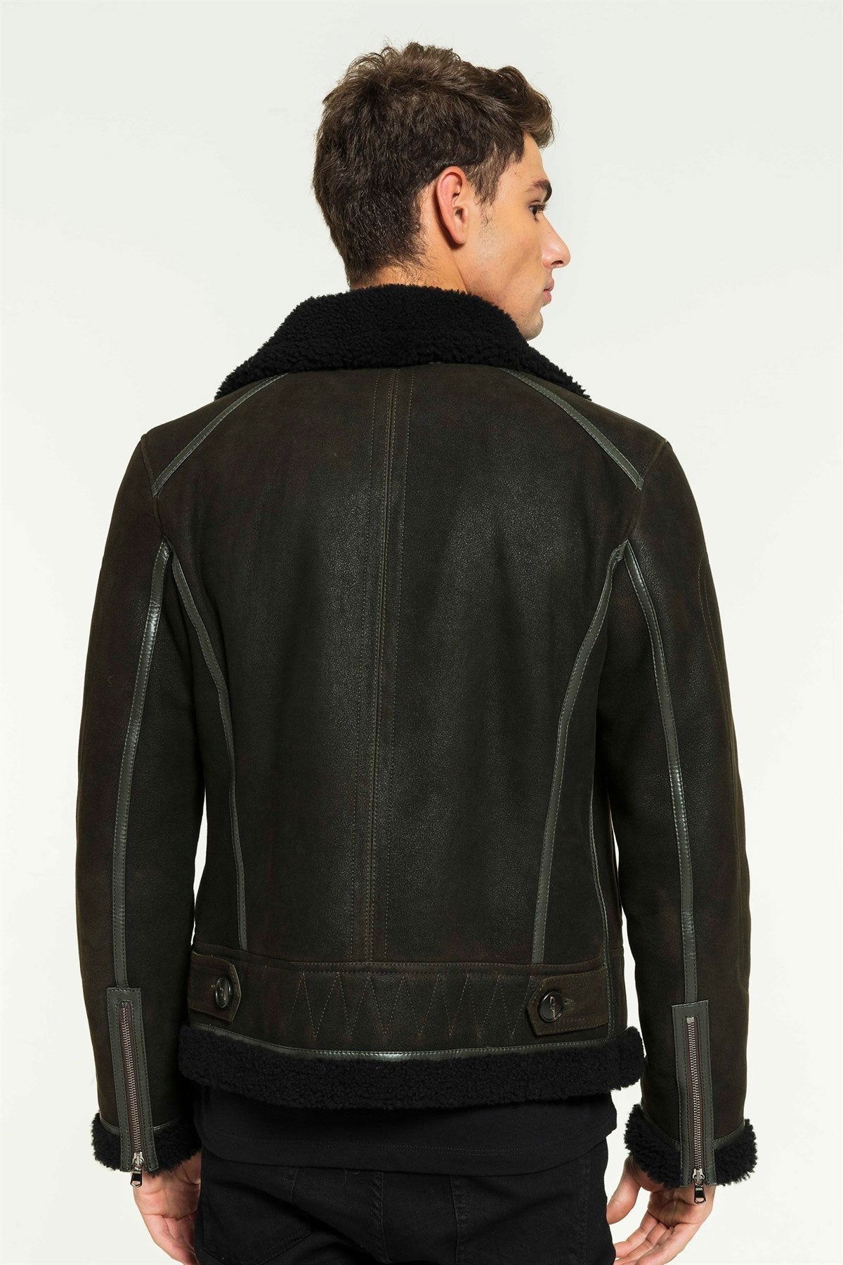 Men’s Aviator Dark Green &amp; Black Shearling Jacket