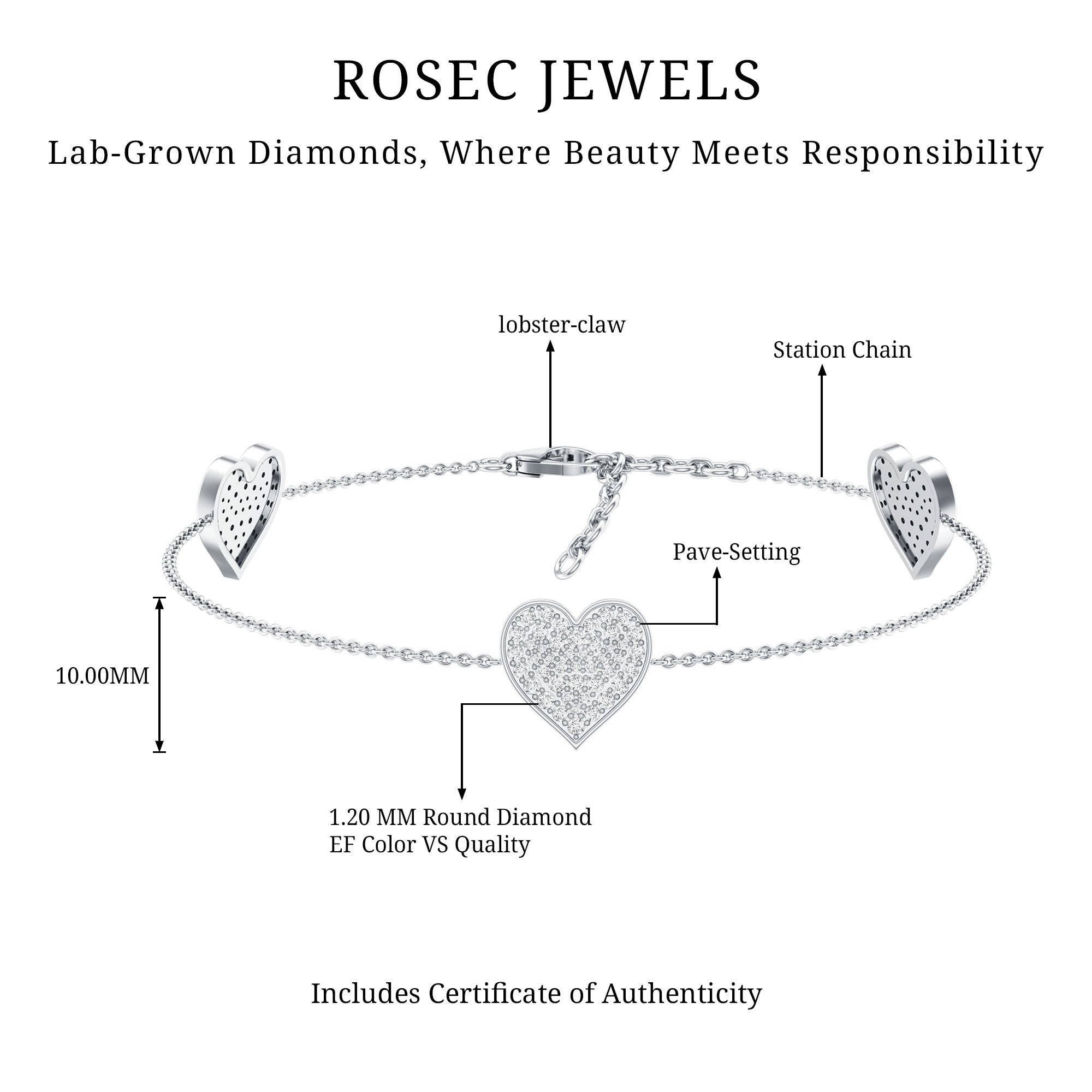 Pave Set Lab Grown Diamond Heart Bracelet for Women