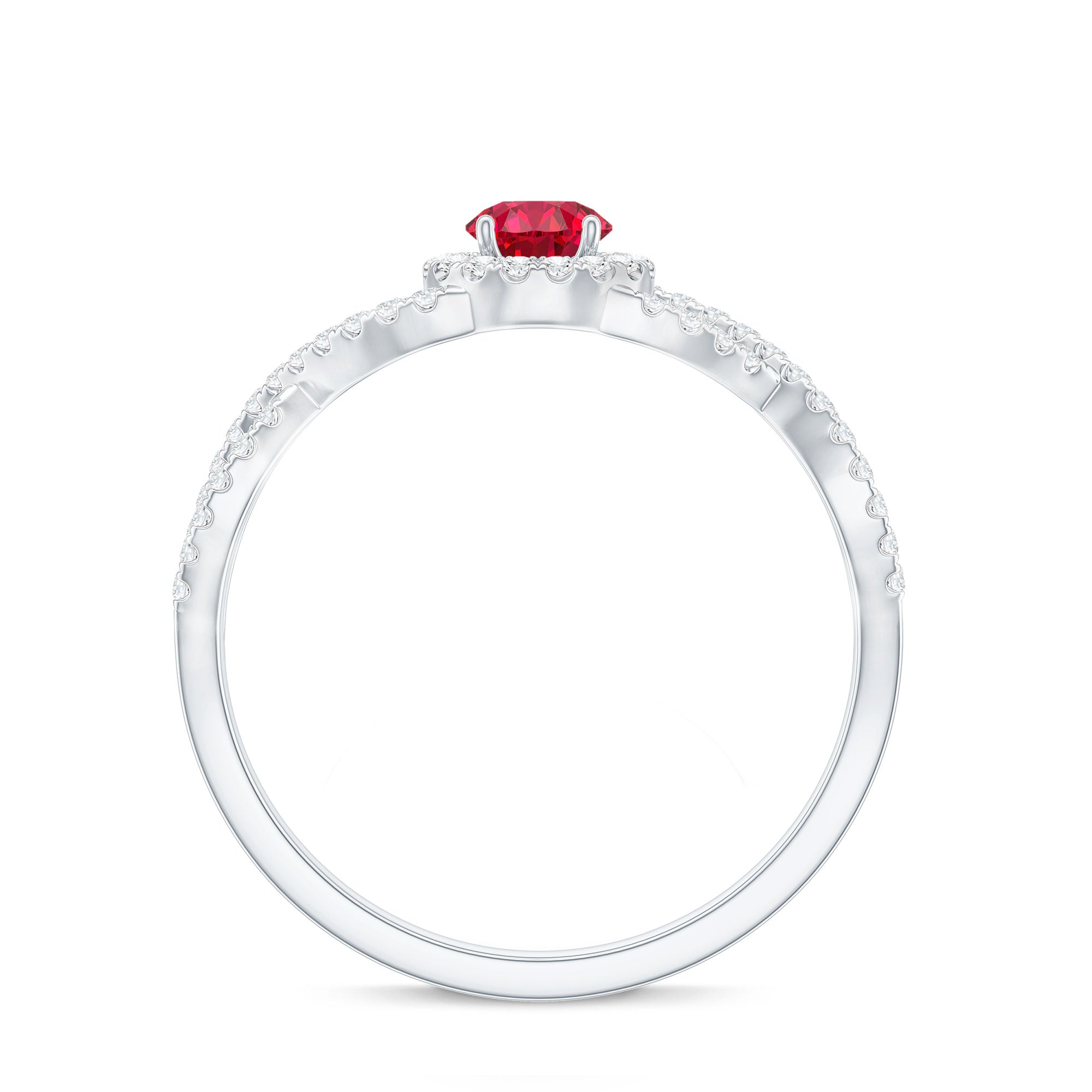 Criss Cross Shank Created Ruby and Diamond Halo Engagement Ring