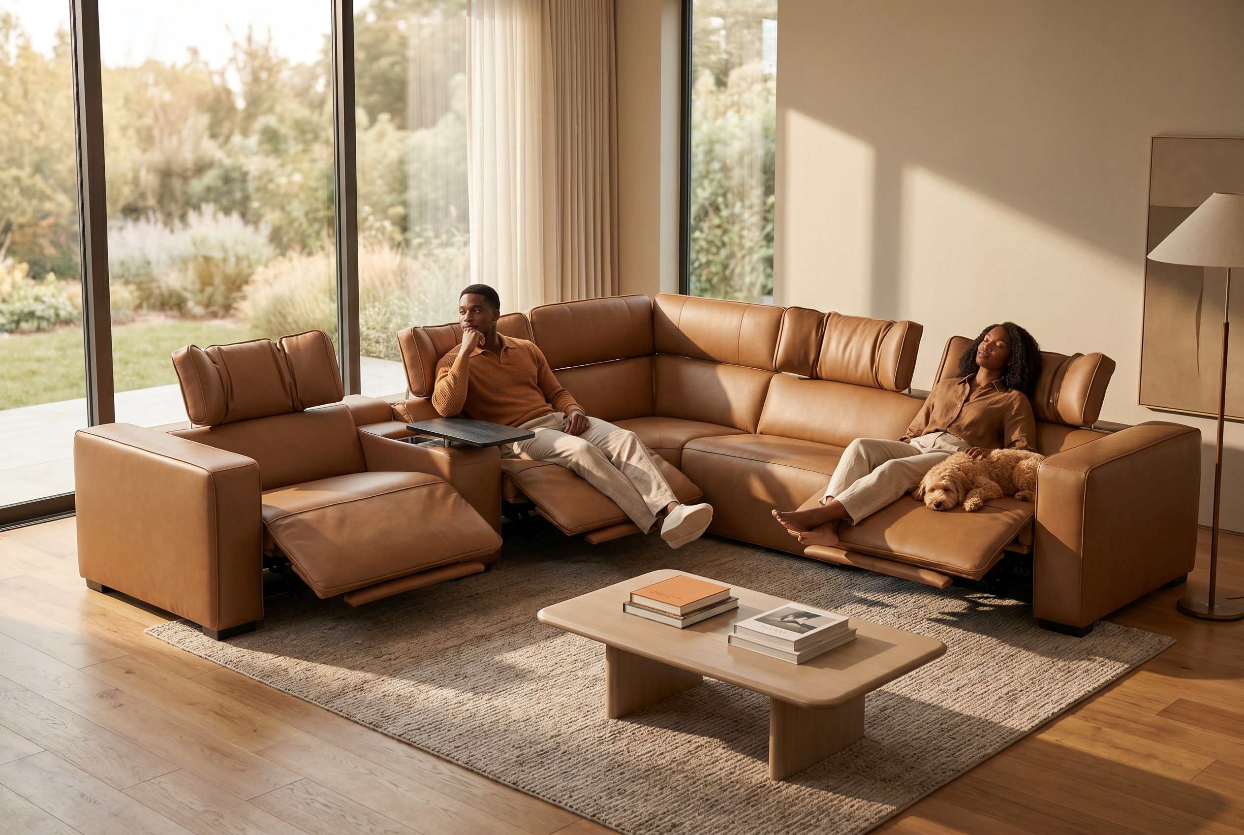 Rally Pro Caramel 6-Piece Power Reclining Sectional with Console and Immersive Sound System