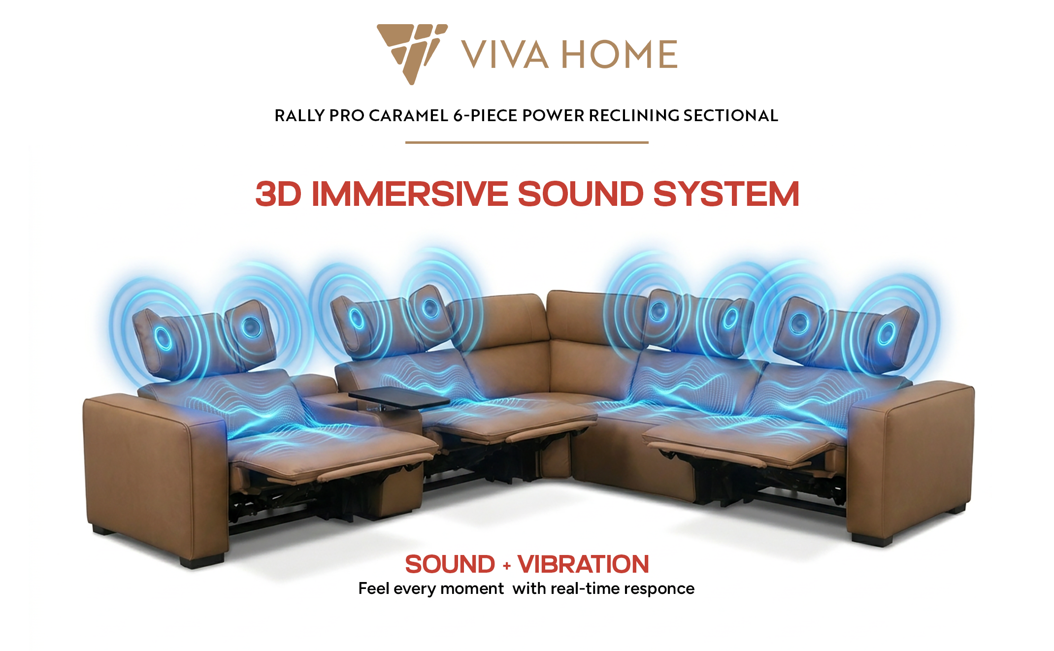 Rally Pro Caramel 6-Piece Power Reclining Sectional with Console and Immersive Sound System