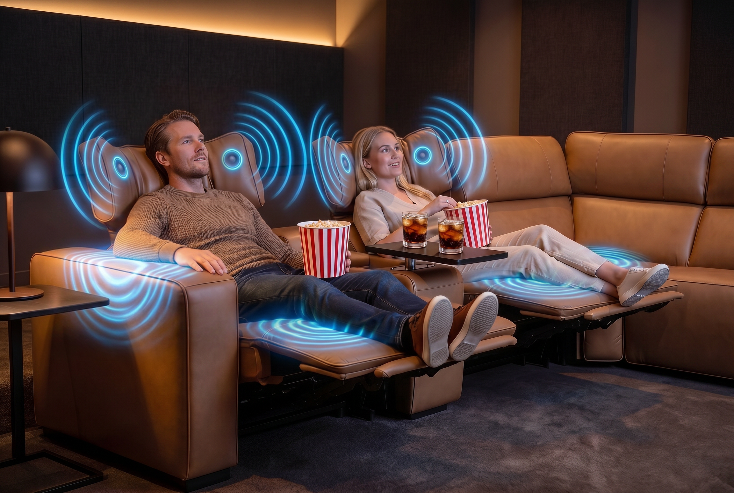 Rally Pro Caramel 6-Piece Power Reclining Sectional with Console and Immersive Sound System