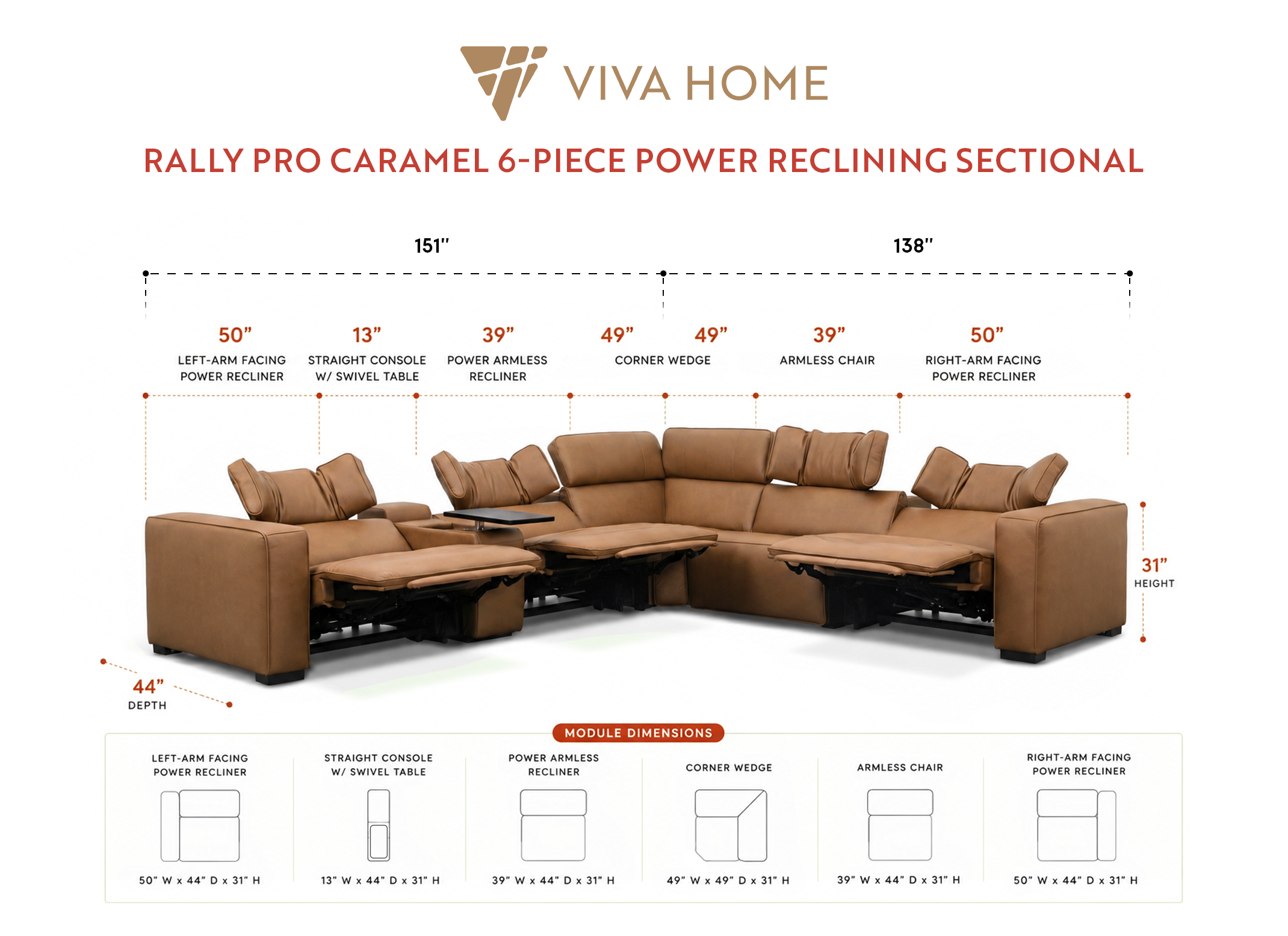 Rally Pro Caramel 6-Piece Power Reclining Sectional with Console and Immersive Sound System