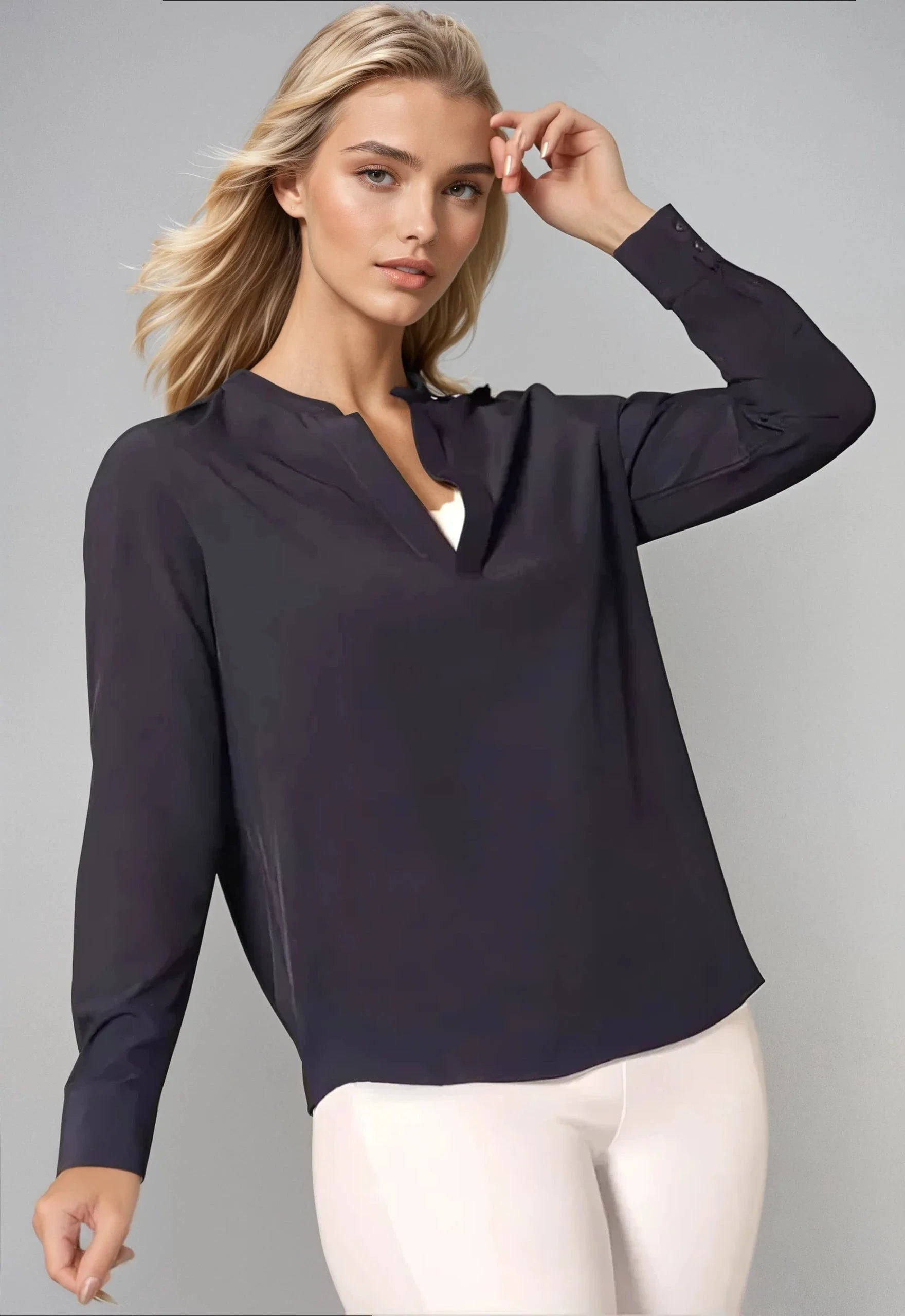Resort Vee Long Sleeve Popover Shirt - Navy