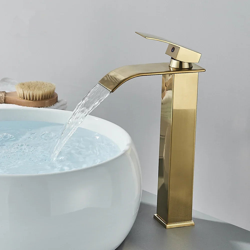 Brushed Gold Waterfall Bathroom Faucet - Single Lever Deck-Mount Basin Mixer, Single Hole, Stainless Steel Ceramic Valve