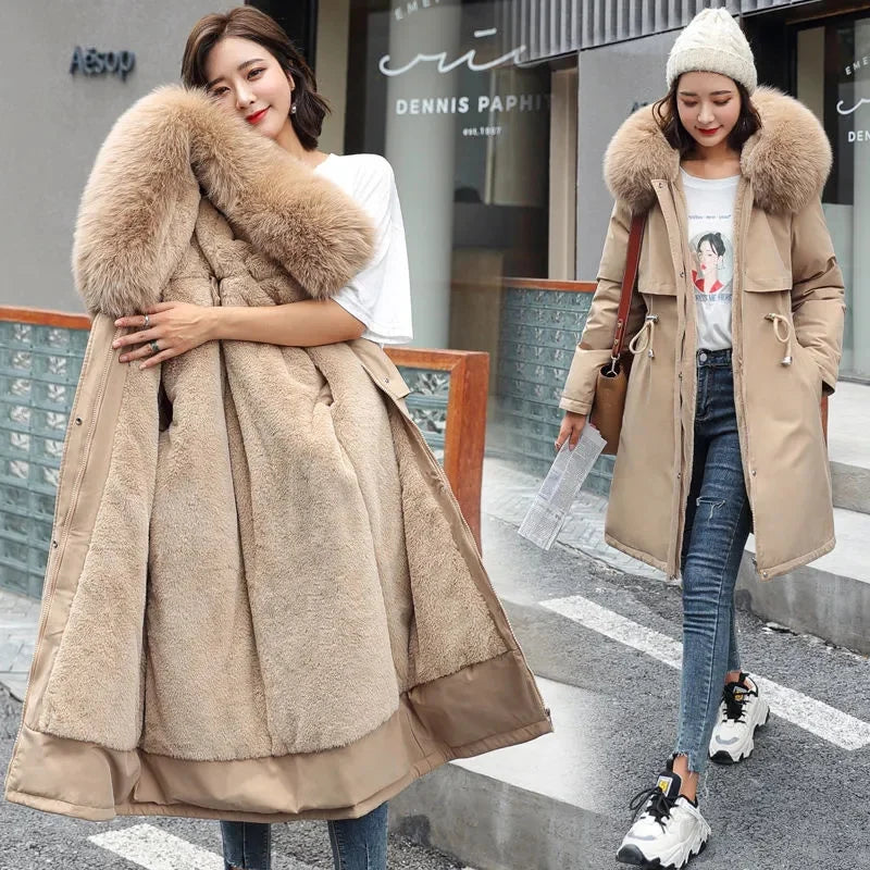 Women Winter Parka – Hooded Fur Collar Thick Warm Long Coat