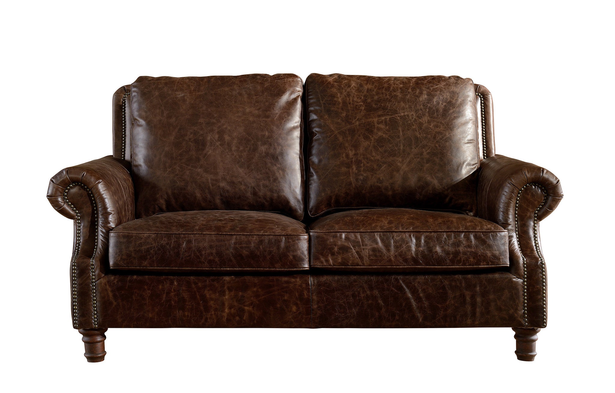 English Rolled Arm Love Seat - Dark Brown Leather