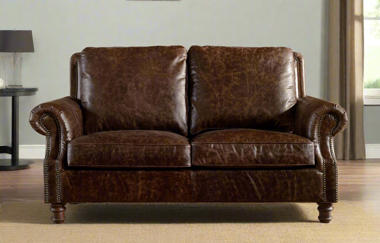 English Rolled Arm Love Seat - Dark Brown Leather