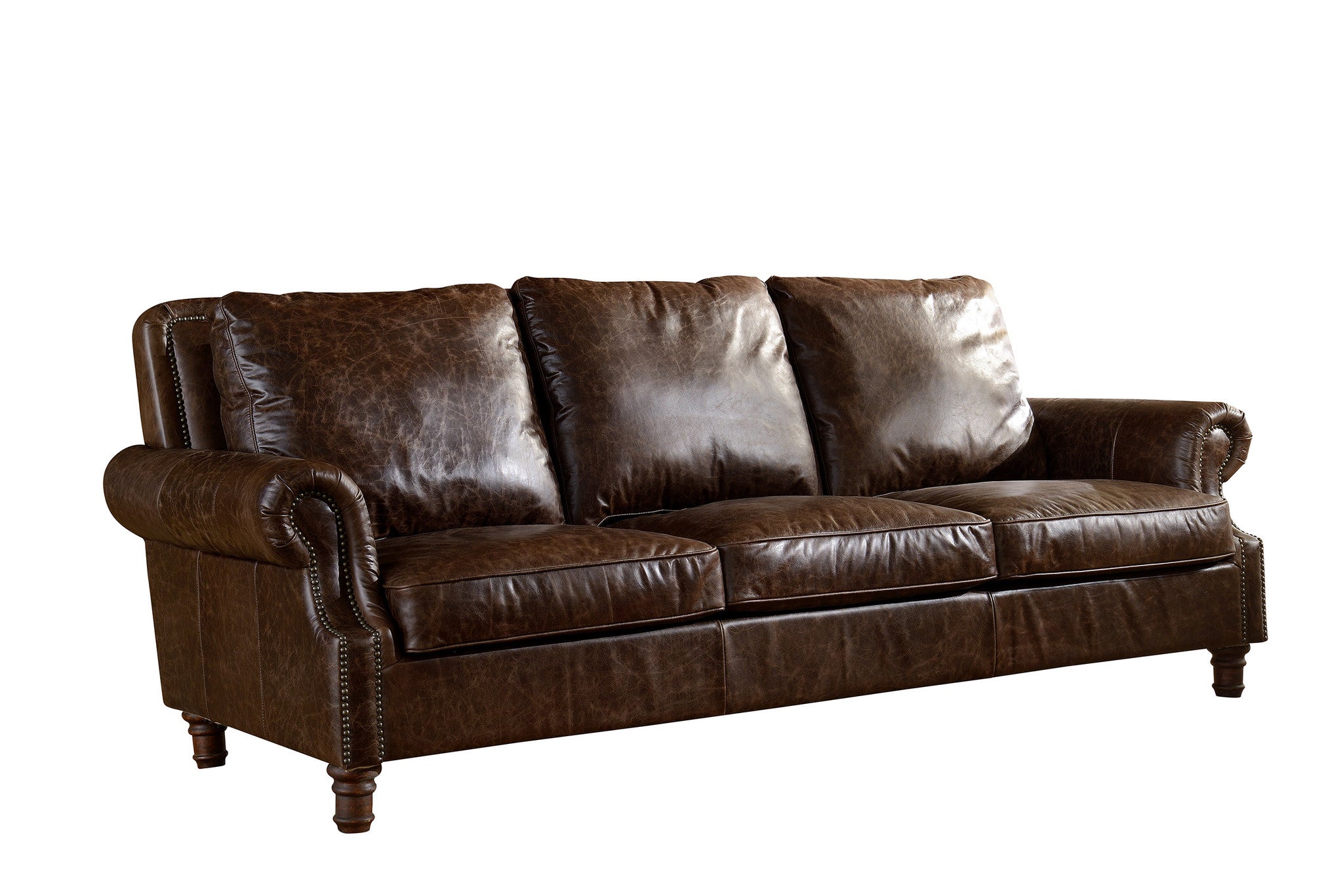 English Rolled Arm Sofa - Dark Brown Leather