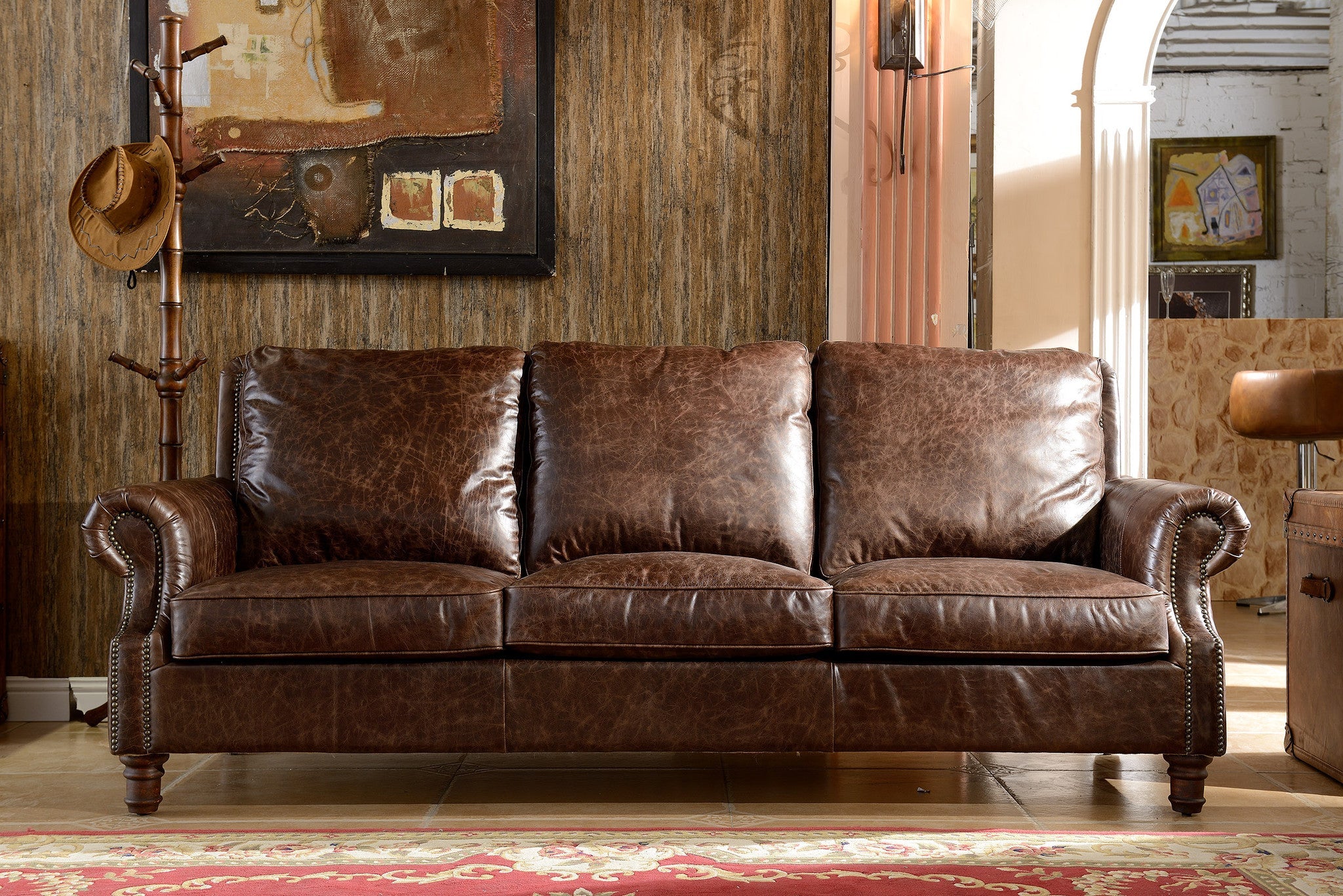 English Rolled Arm Sofa - Dark Brown Leather