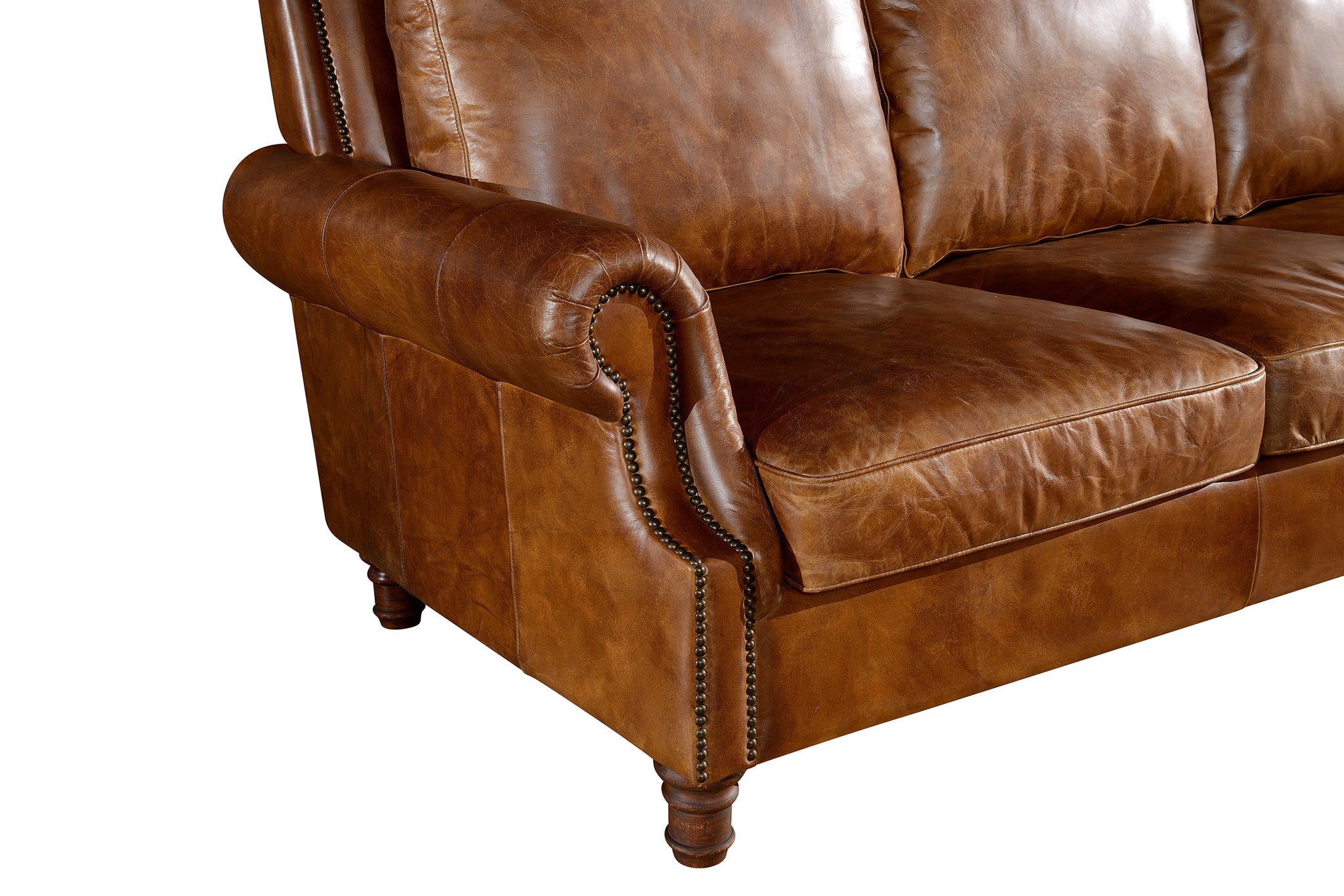 English Rolled Arm Sofa - Light Brown Leather