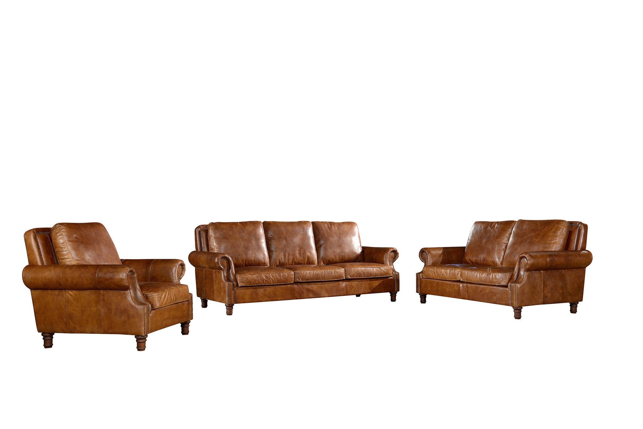 English Rolled Arm Love Seat - Light Brown Leather