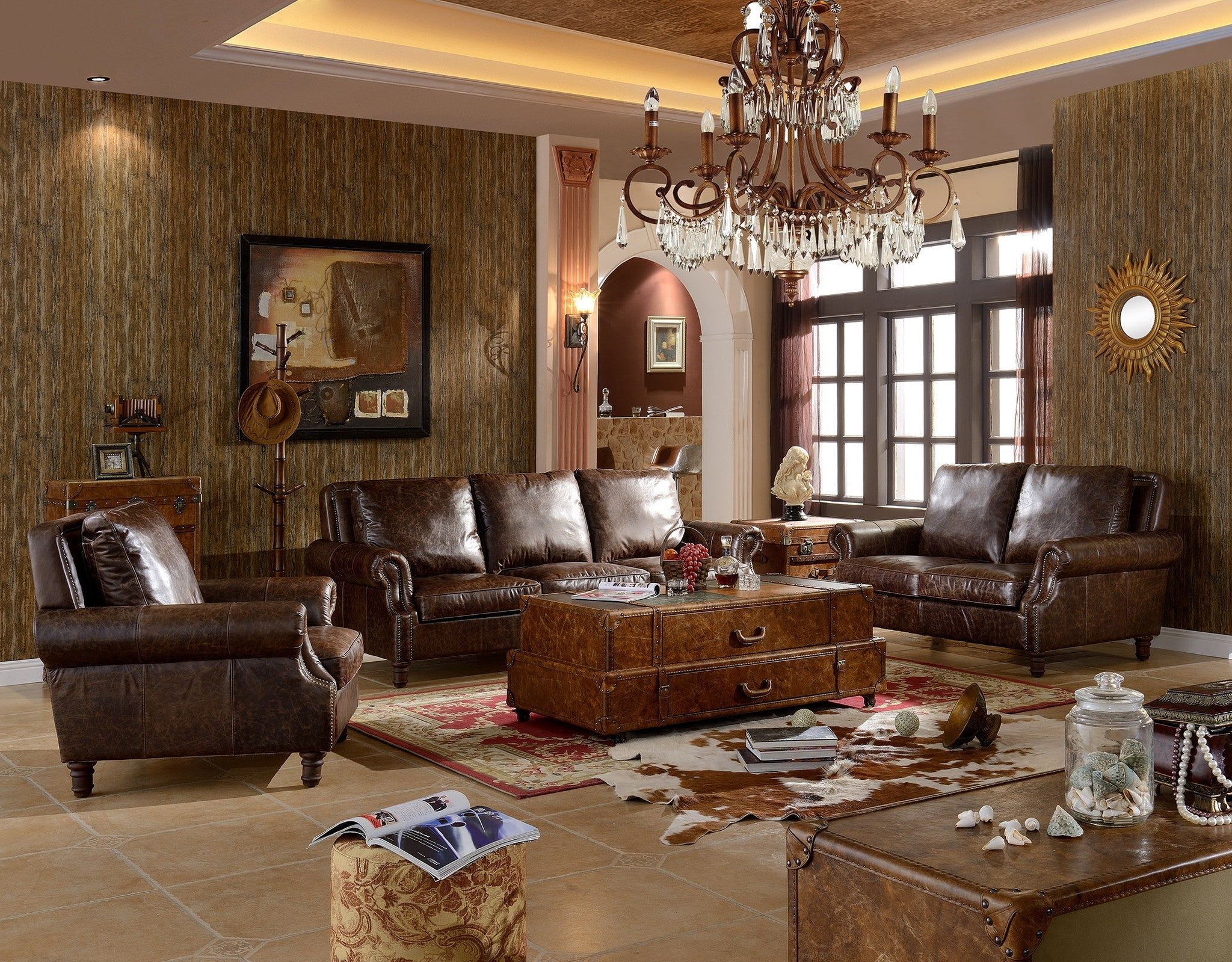 English Rolled Arm Sofa - Dark Brown Leather